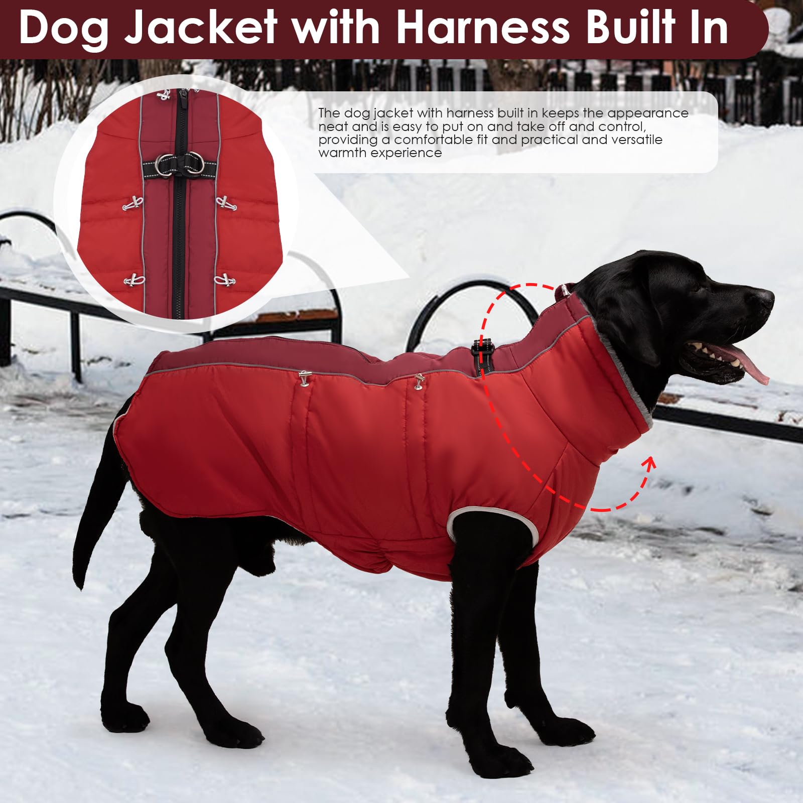 IKIPUKO Dog Coat - Warm Winter Jacket Snowsuit for Large Dogs, Water-Resistant, Reflective, Red