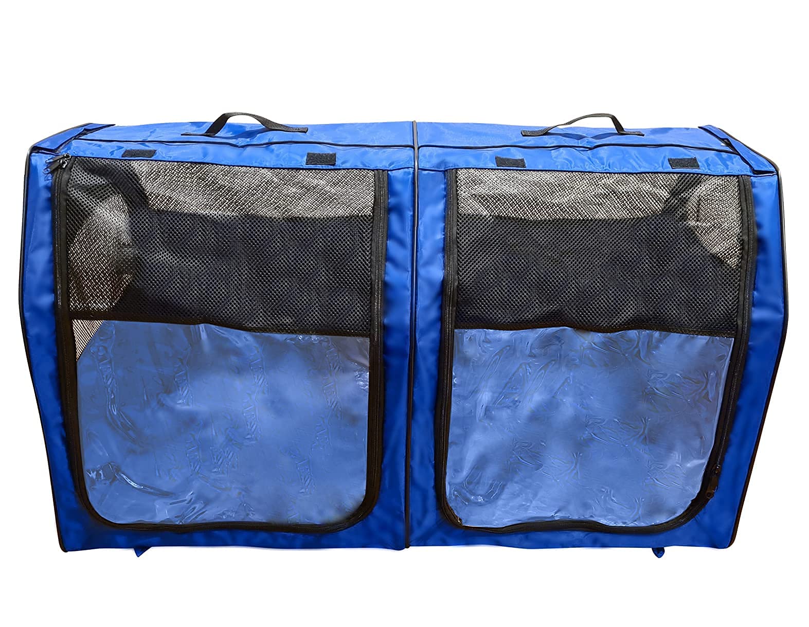 HandinHandCreations Portable Cat Show House - Blue Plastic Double Crate with Soft Mats for Home or Travel