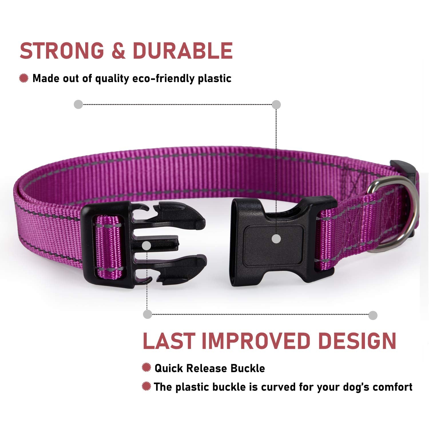 Reflective Dog Collar With Buckle Adjustable Safety Nylon Collars For Small Medium Large Dogs, Purple L