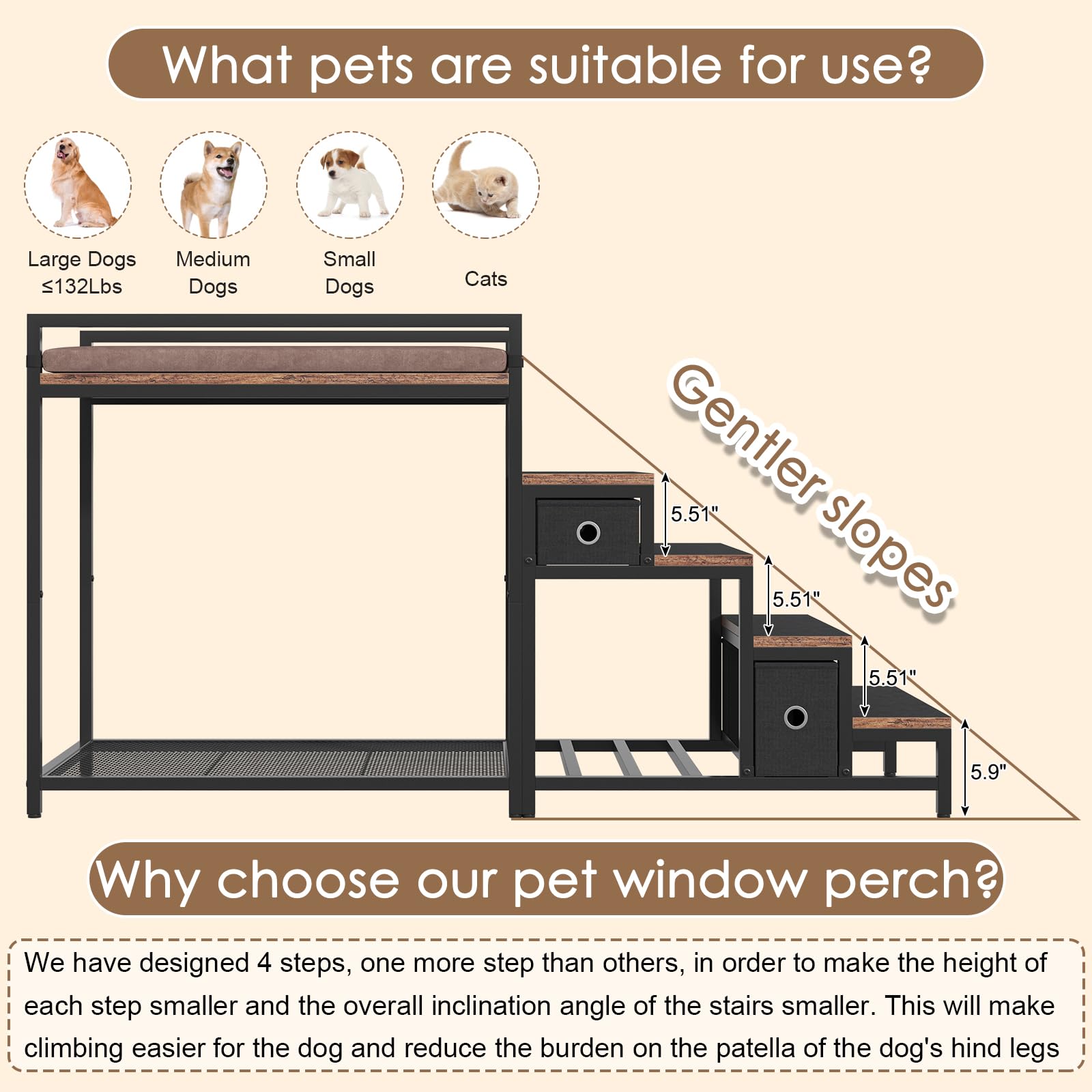 Saudism Pet Bunk Bed With Stairs And Storage, Dogs/Cats Window Perch, Bedside Lounge Elevated Dog Bed Multi-Level Platform With