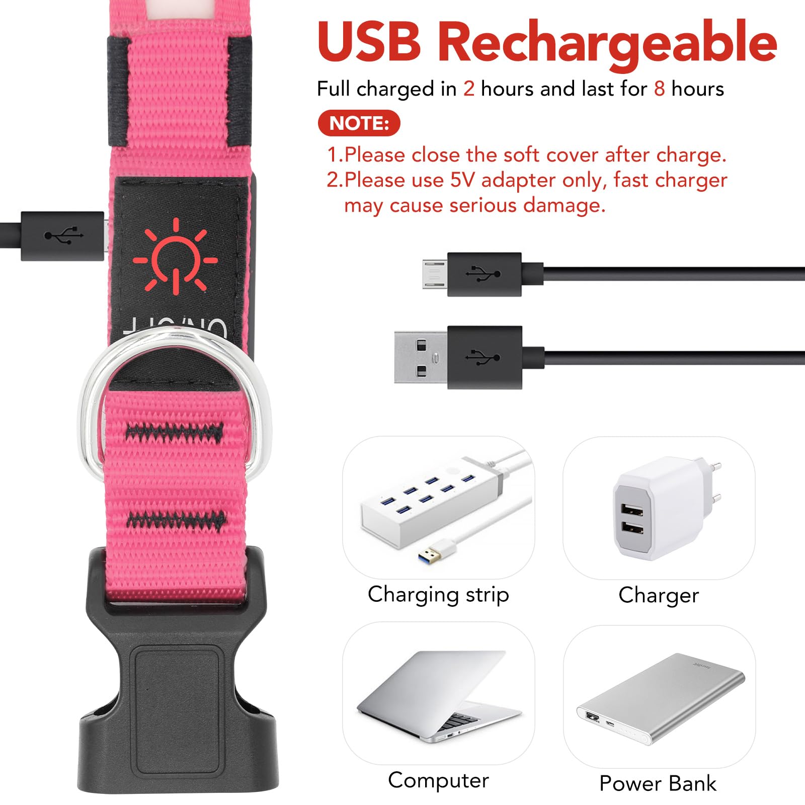 VIZPET LED Dog Collar - Adjustable, USB Rechargeable, Super Bright Safety Light, Small (11.02-15.74 inch), Pink, Model vp-pink-s