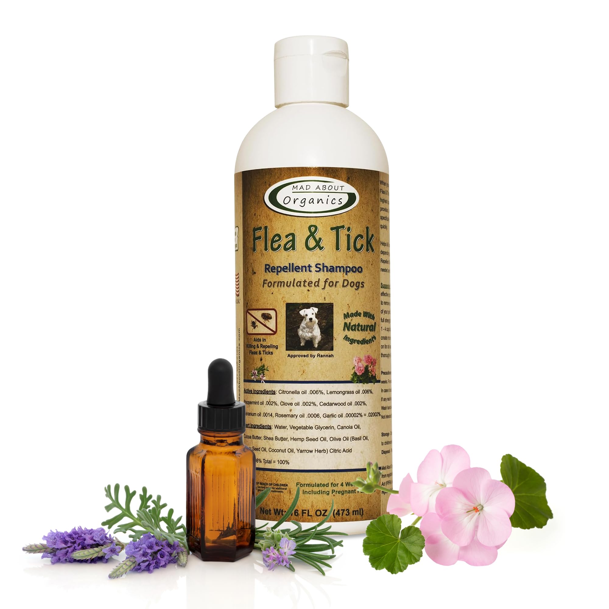 Mad About Organics Flea & Tick Protection Shampoo for Dogs - Formulated to Deter Bugs - Gentle for Puppies 4 Weeks & Older and S