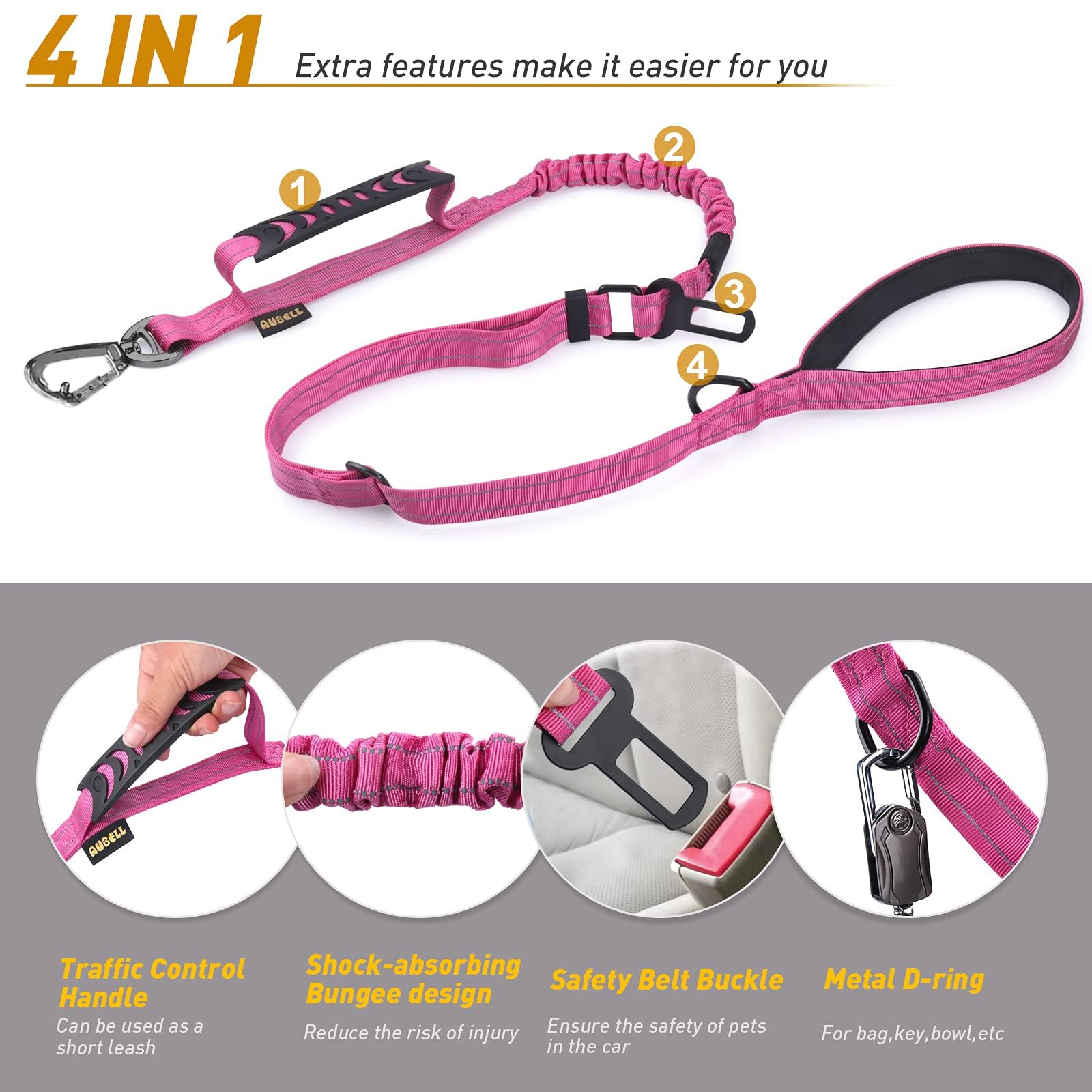 Heavy Duty Dog Leash, Reflective Dog Leashes With Car Seat Belt And Soft Padded Handle, 6Ft Strong Dog Leash For Training, No Pu