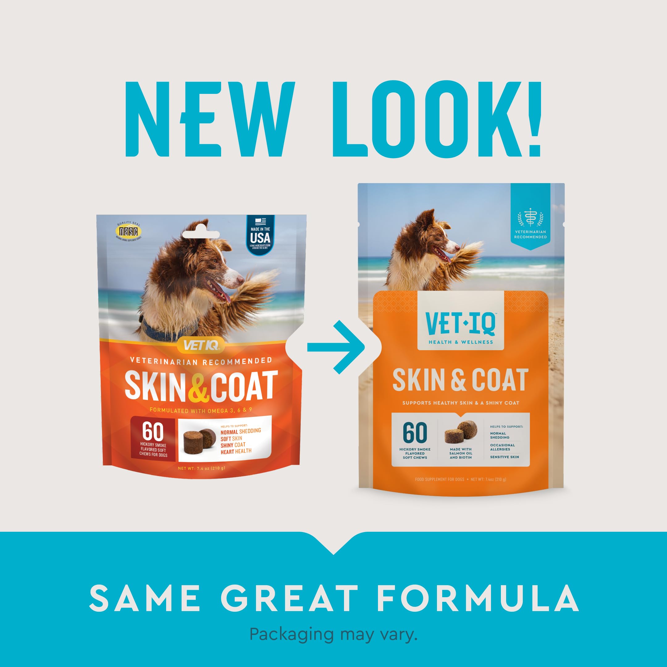 VetIQ Skin and Coat Supplement for Dogs, Helps Maintain Healthy Skin and Shiny Coat, Hickory Smoke Flavor Dog Chew, 60 Count
