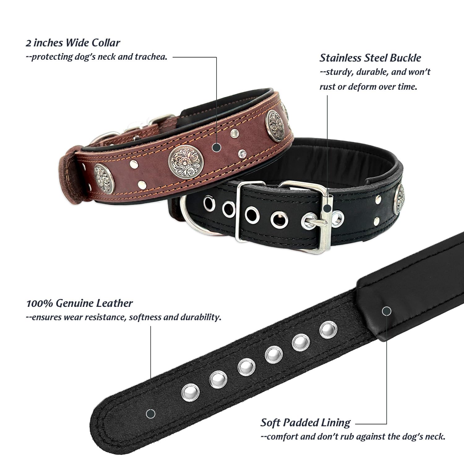 Guiding Star Leather Dog Collar, 2 Inches Wide, Heavy Duty, Luxury & Studded, Black, 22.5-26.5 Inches, For Large Dogs