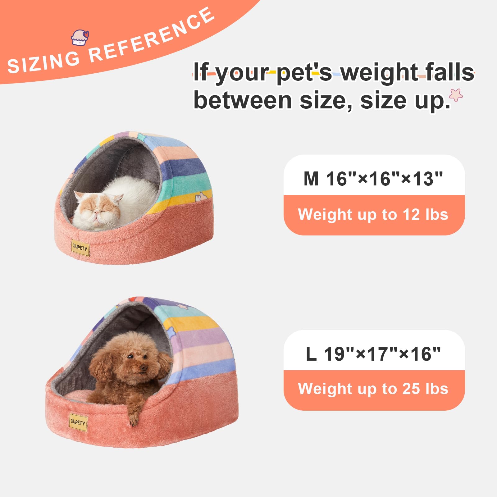 Jiupety Cat Cave Bed for Indoor Cats, Medium Rainbow Cotton with Washable Cushion