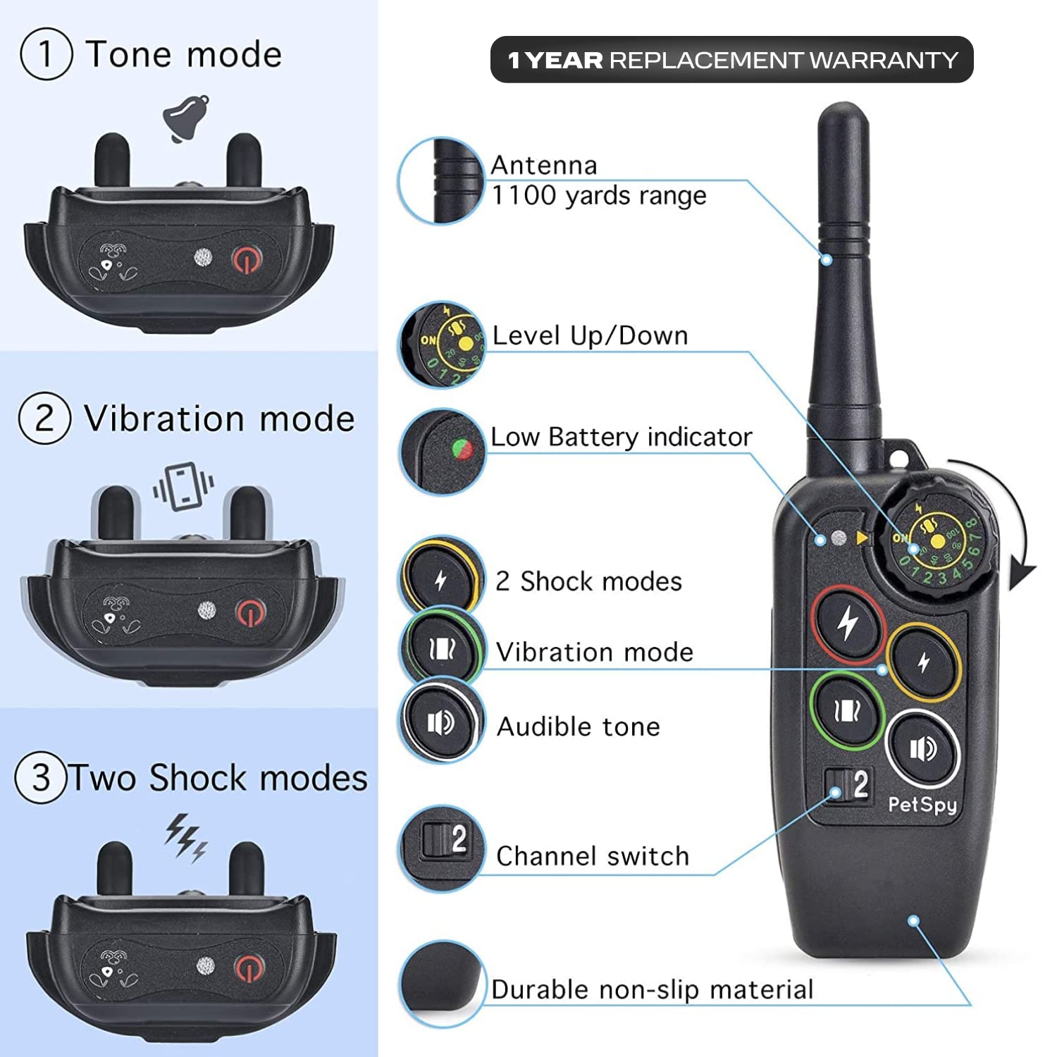 Petspy M686 Premium Dog Training Shock Collar, 1100 Yards, Medium To Large Dogs, With Vibration, Electric Shock And Beep, Waterproof, Remote Trainer (Two Dogs)