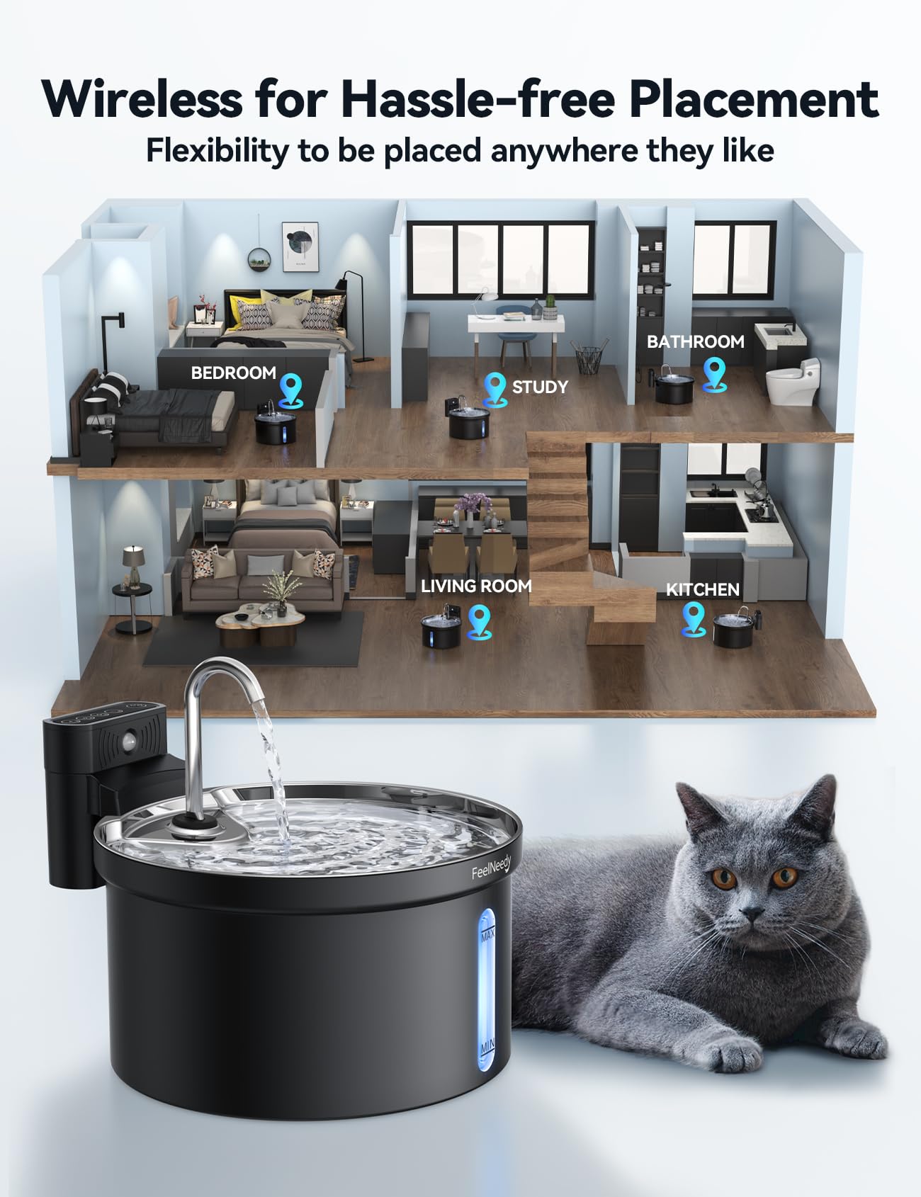 FEELNEEDY Wireless Cat Water Fountain - 4000mAh Battery Operated, Motion Sensor, 3.5L Capacity, Black, Model FN-W08L