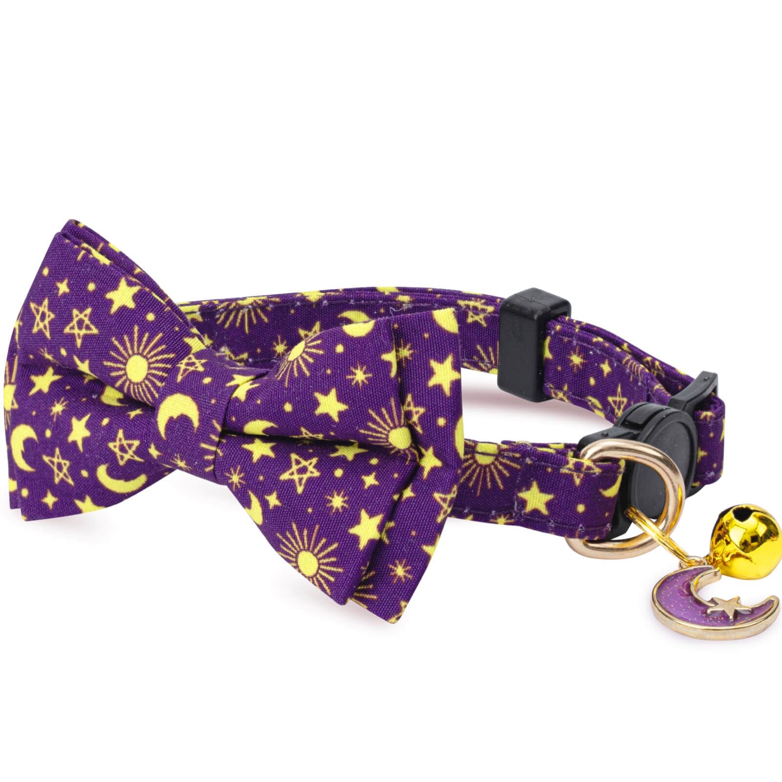 Jelwuion 2 Pack Cotton Cat Collar With Bow Tie And Bell For Girl Boy Cats,Cute Purple Moon And Blue Cloud Pattern Spring Summer