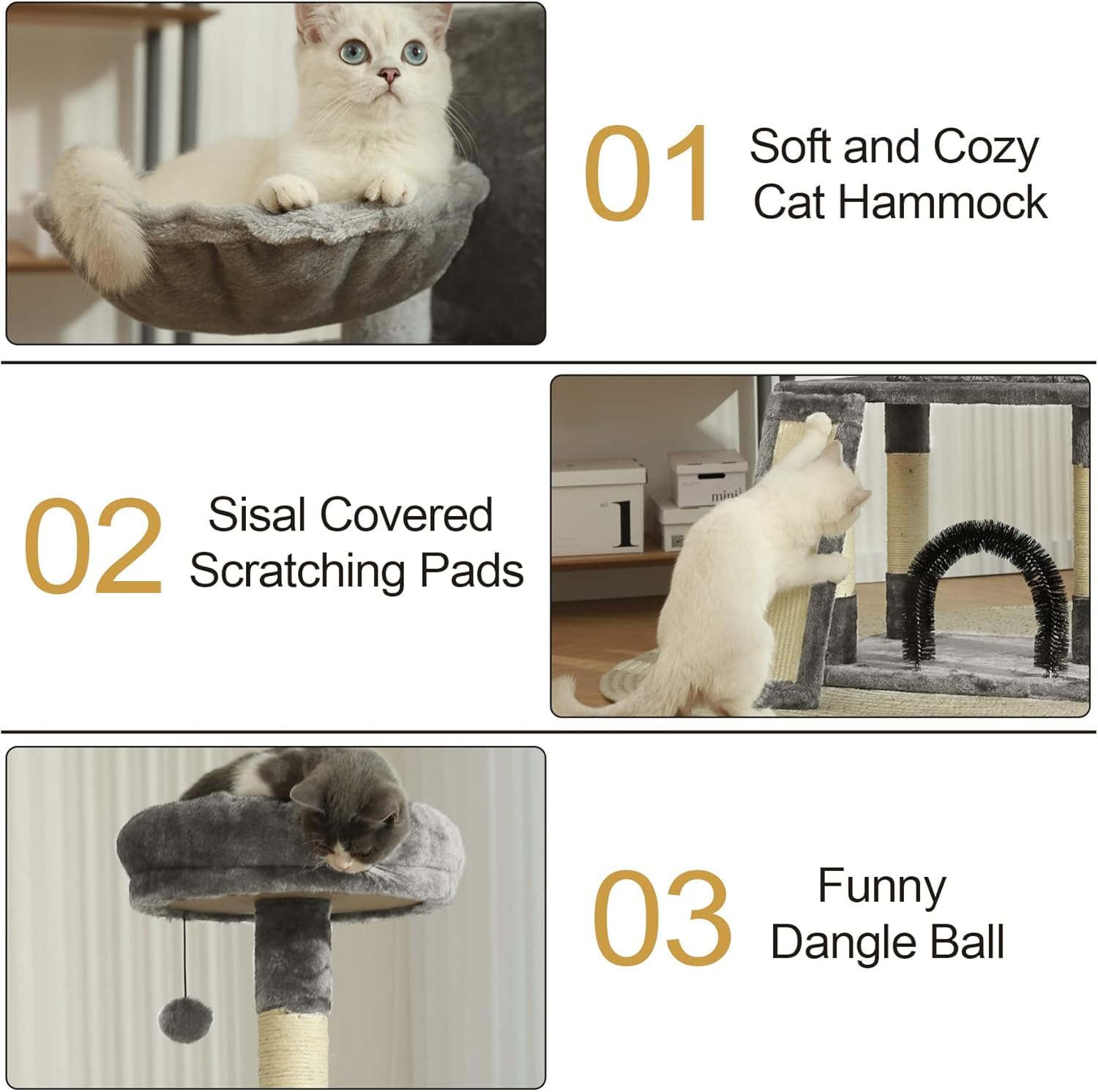 Hoopet 44In Cat Tree For Indoor Cats - Multi-Level Cat Tower With Hammock, Condo, Scratching Posts, Self-Grooming Brush & Play B