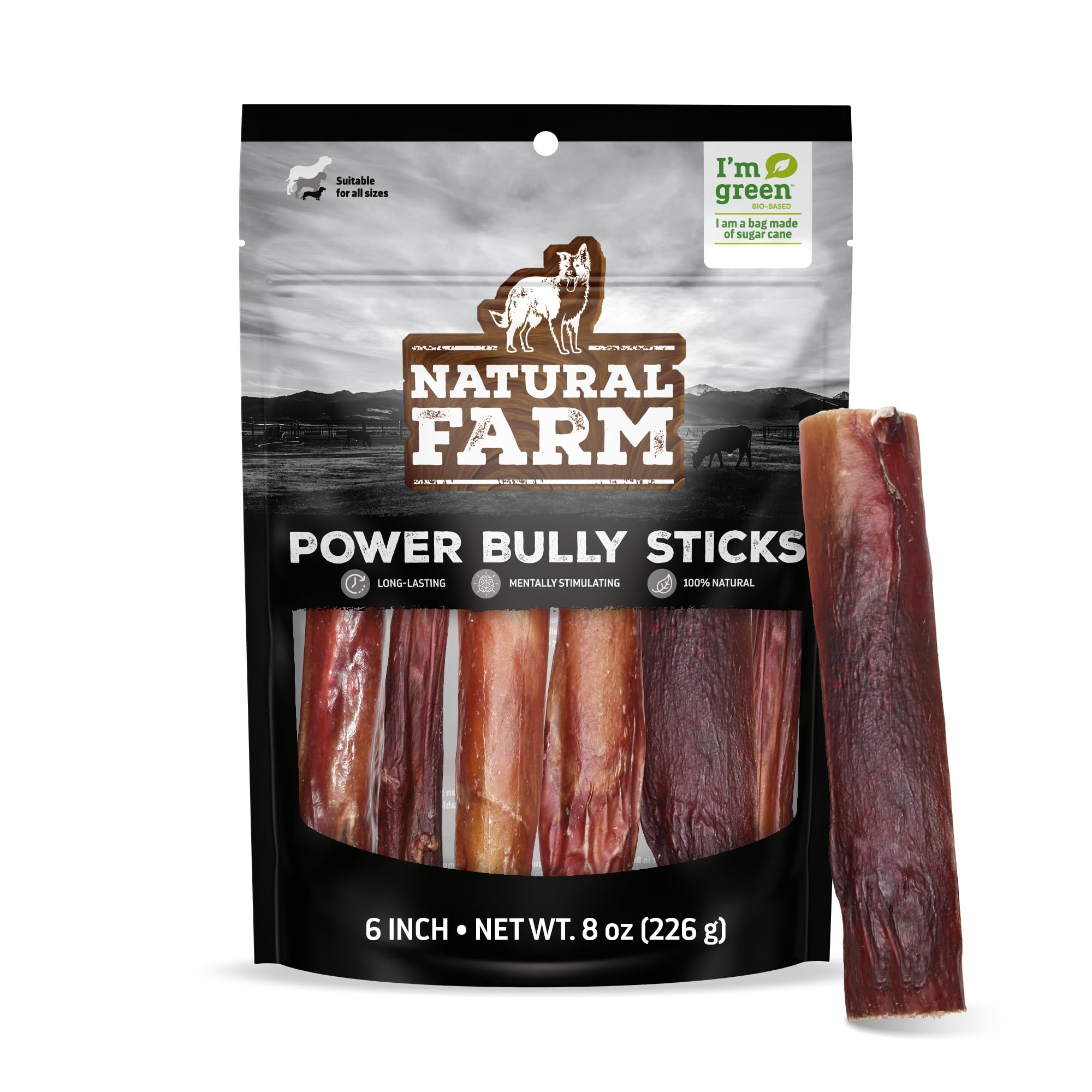 Natural Farm Power Bully Sticks Dog Chews (6   ,8 Ounces), 2-in-1 Power Chews: Premium Beef Cheek Wrapped in Beef Pizzle, Double