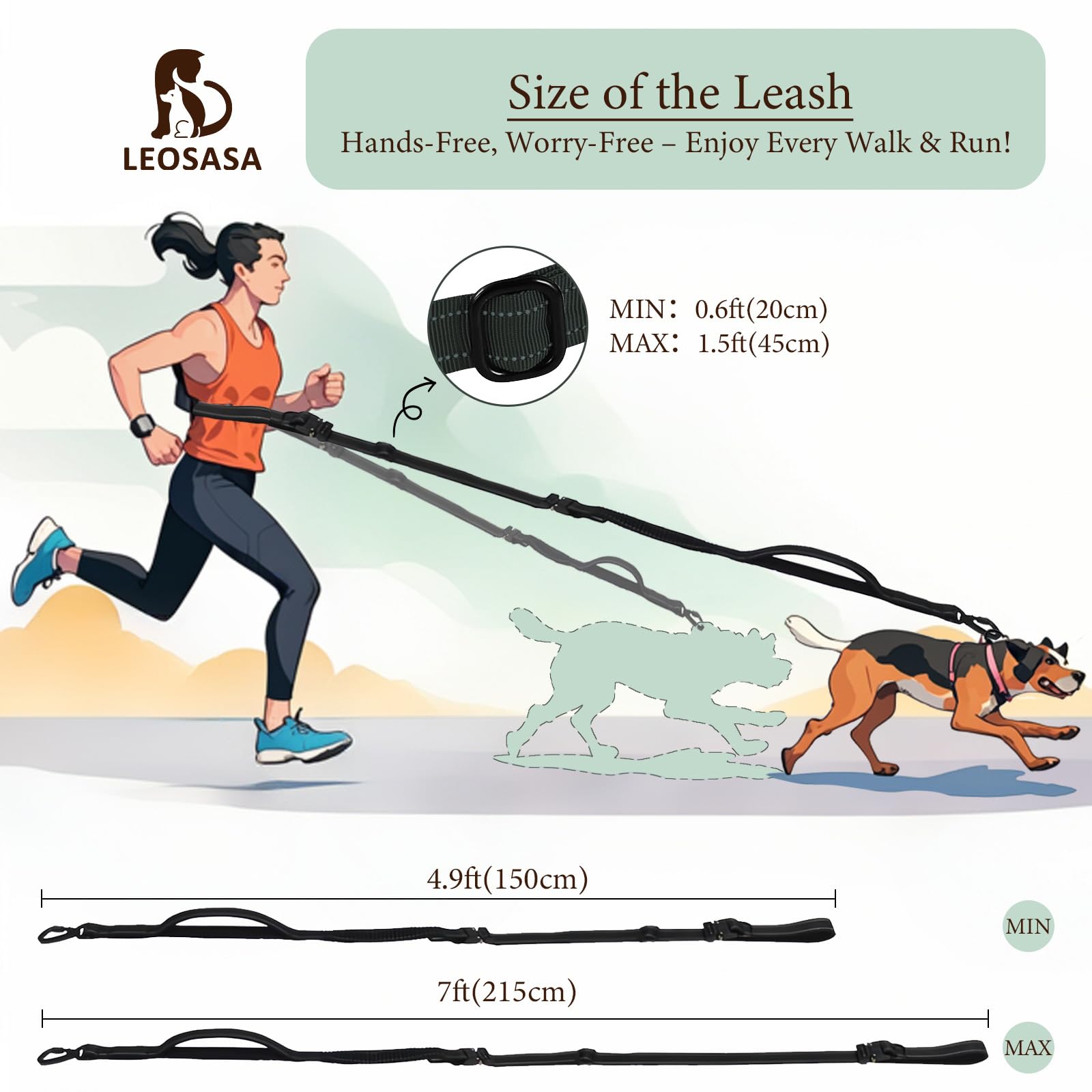 Leosasa Hands-Free Dog Leash - Tactical Rope With No Pull Bungee Tangle Free Clip, Adjustable Length For Multi-Use, 2-Handle Wit