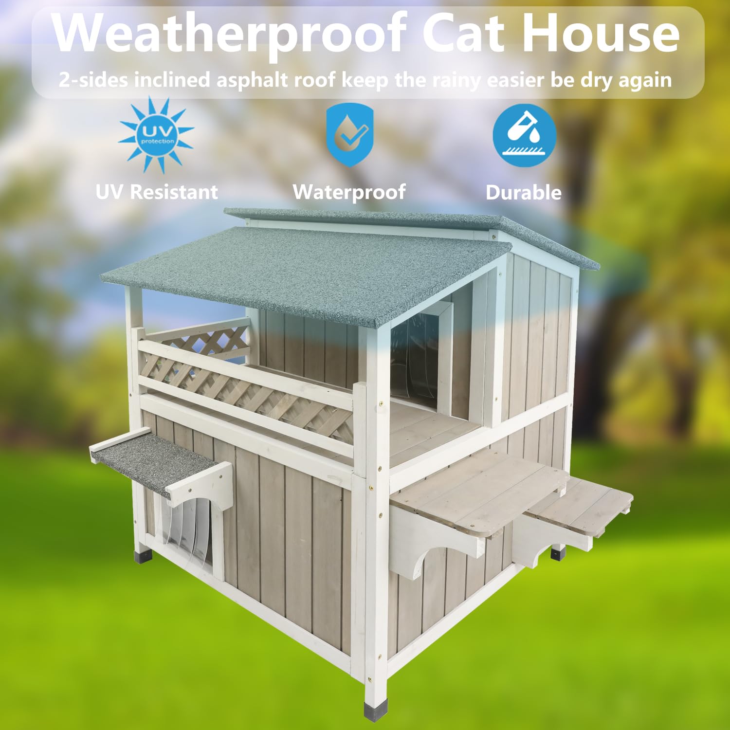 Gowoodhut Feral Cat Shelter - Two Story Wooden Outdoor House, Weatherproof, Greywhite, Model GW-PET14-Greywhite