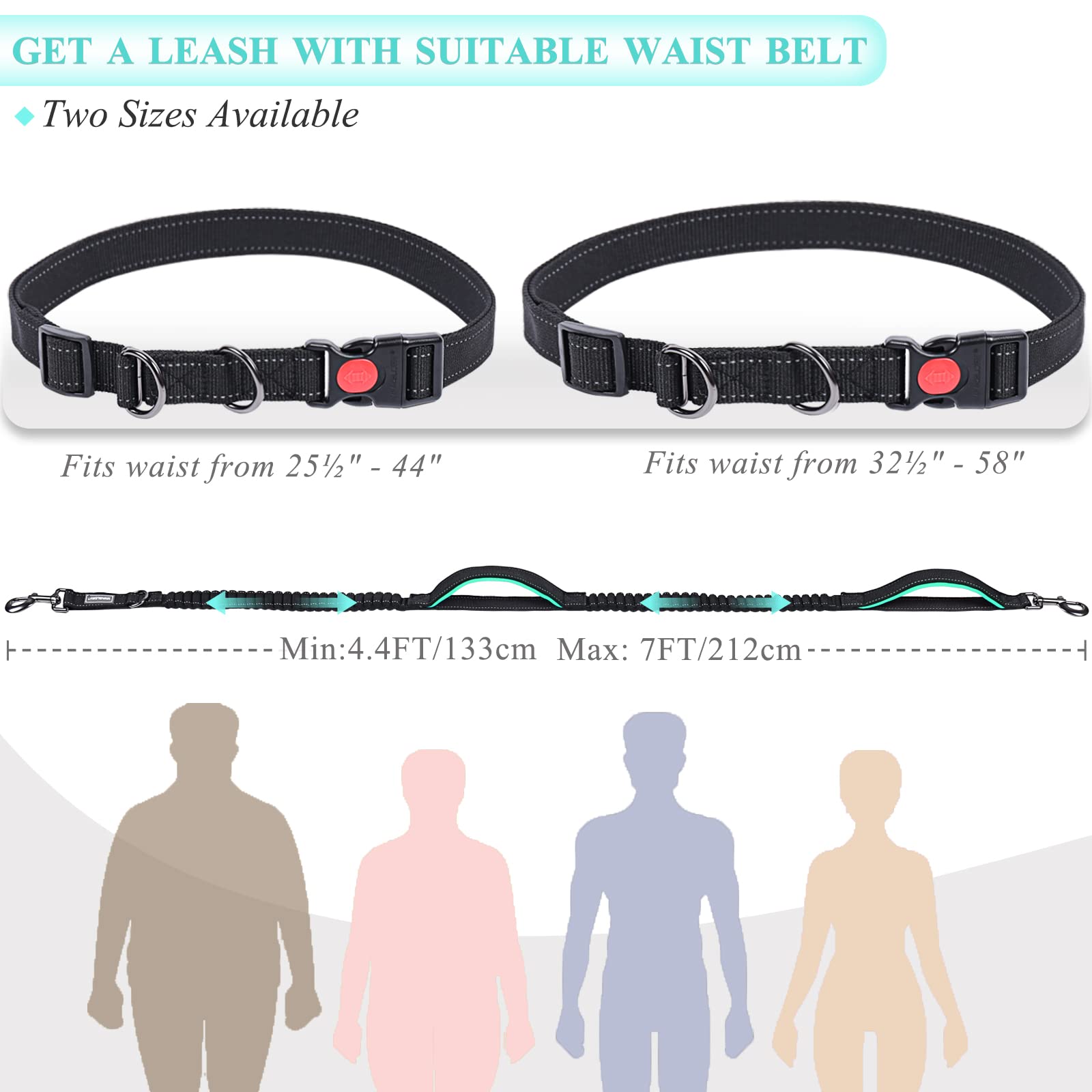 Vivaglory Hands Free Dog Leash With Dual Advanced Anti-Shock Bungees And Padded Handles, Reflective Waist Running Leash With Adjustable Belt For Medium Large Dogs, Black/Turquoise