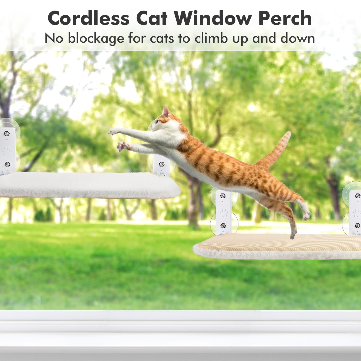 AMOSIJOY Cordless Cat Window Perch, Medium Foldable Cat Hammock, Stainless Steel, 4 Suction Cups, Grey & Khaki Covers, Model CWP-M