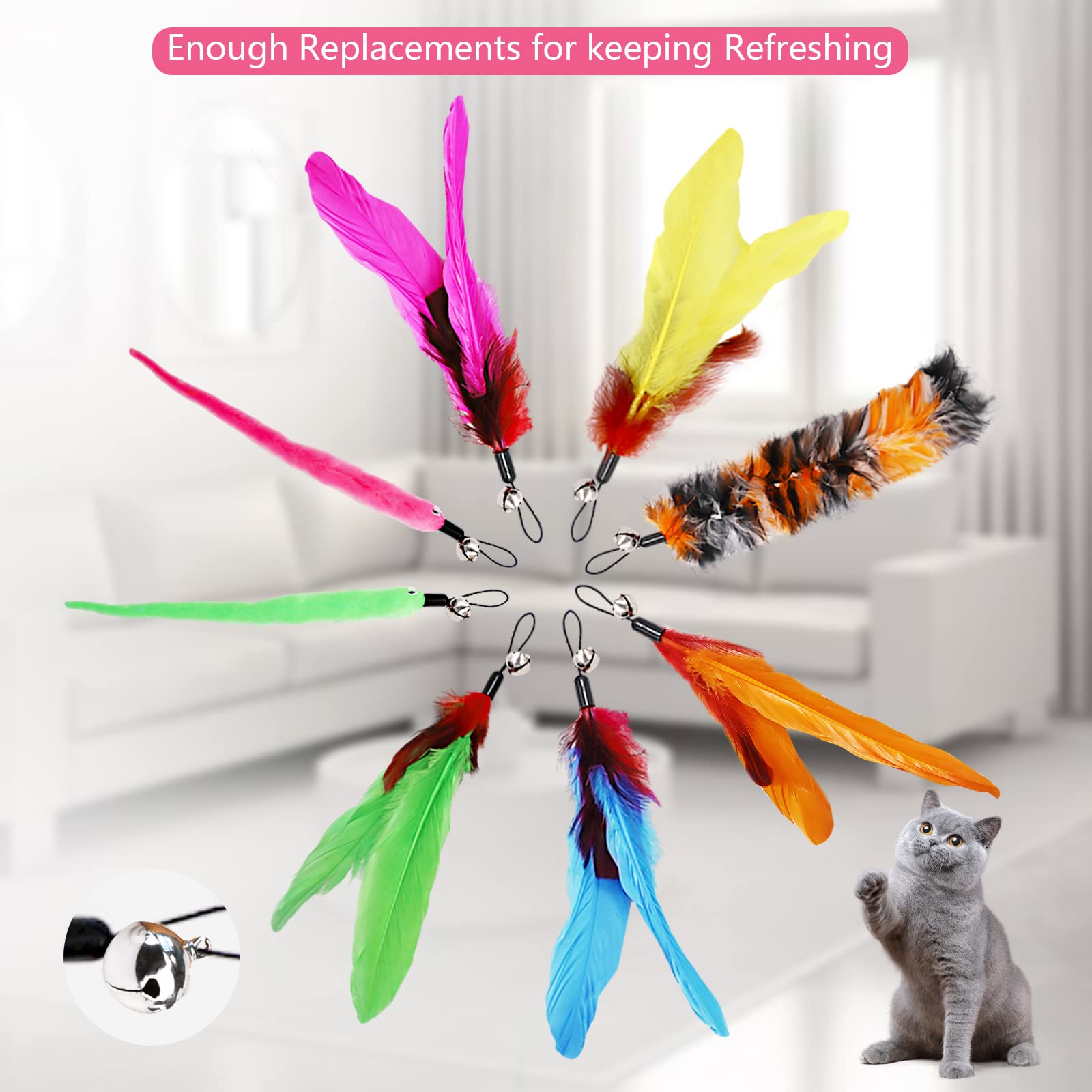 12Pcs Interactive Kitten Toys, Retractable Indoor Cat Wand Toys With Replacement Teaser, Rainbow Ribbon And Make Exercise By Sun
