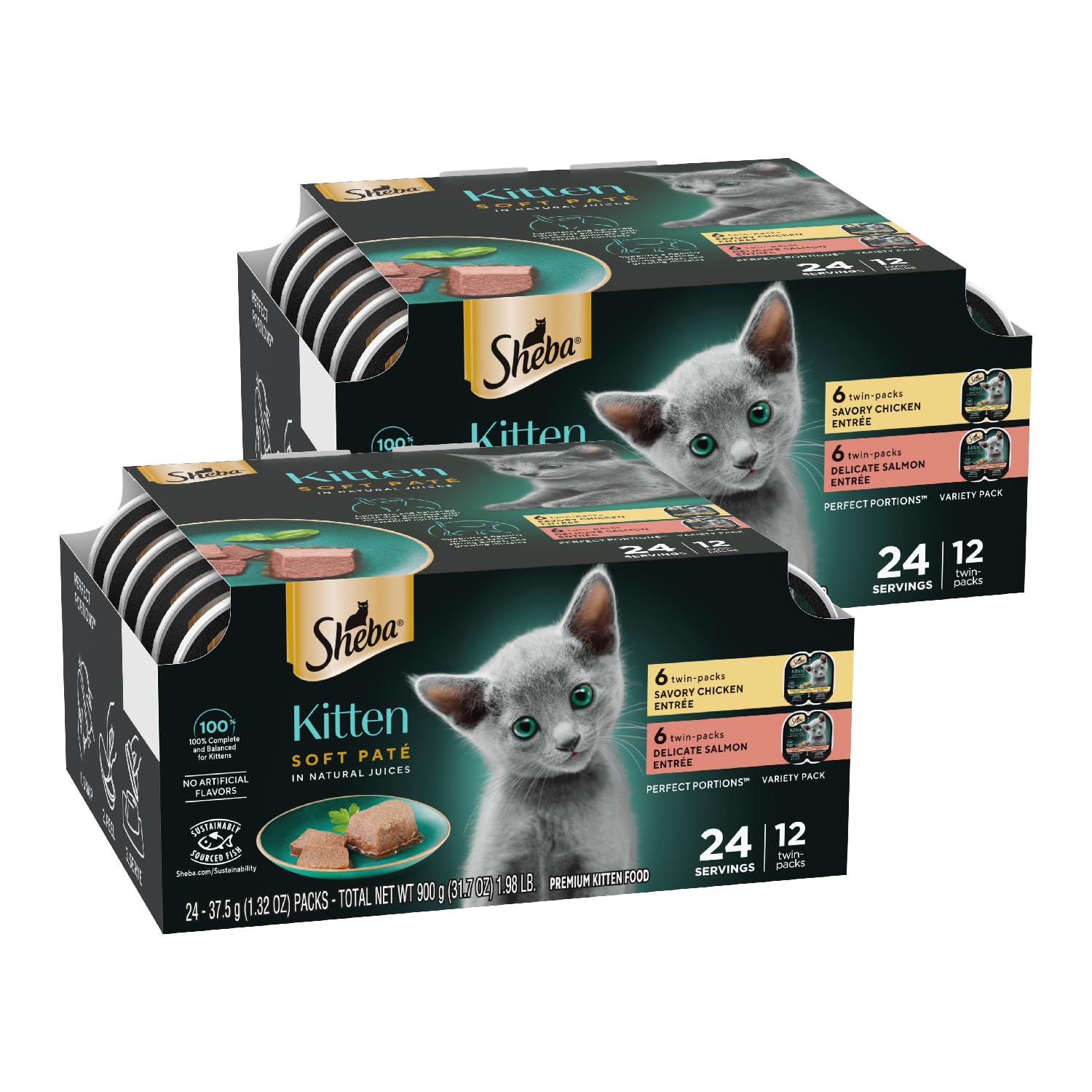 Sheba Perfect Portions Kitten Wet Cat Food Pate Chicken Entree and Salmon Entree, 2.6 oz. Twin-Pack Trays (12 Count, 24 Servings