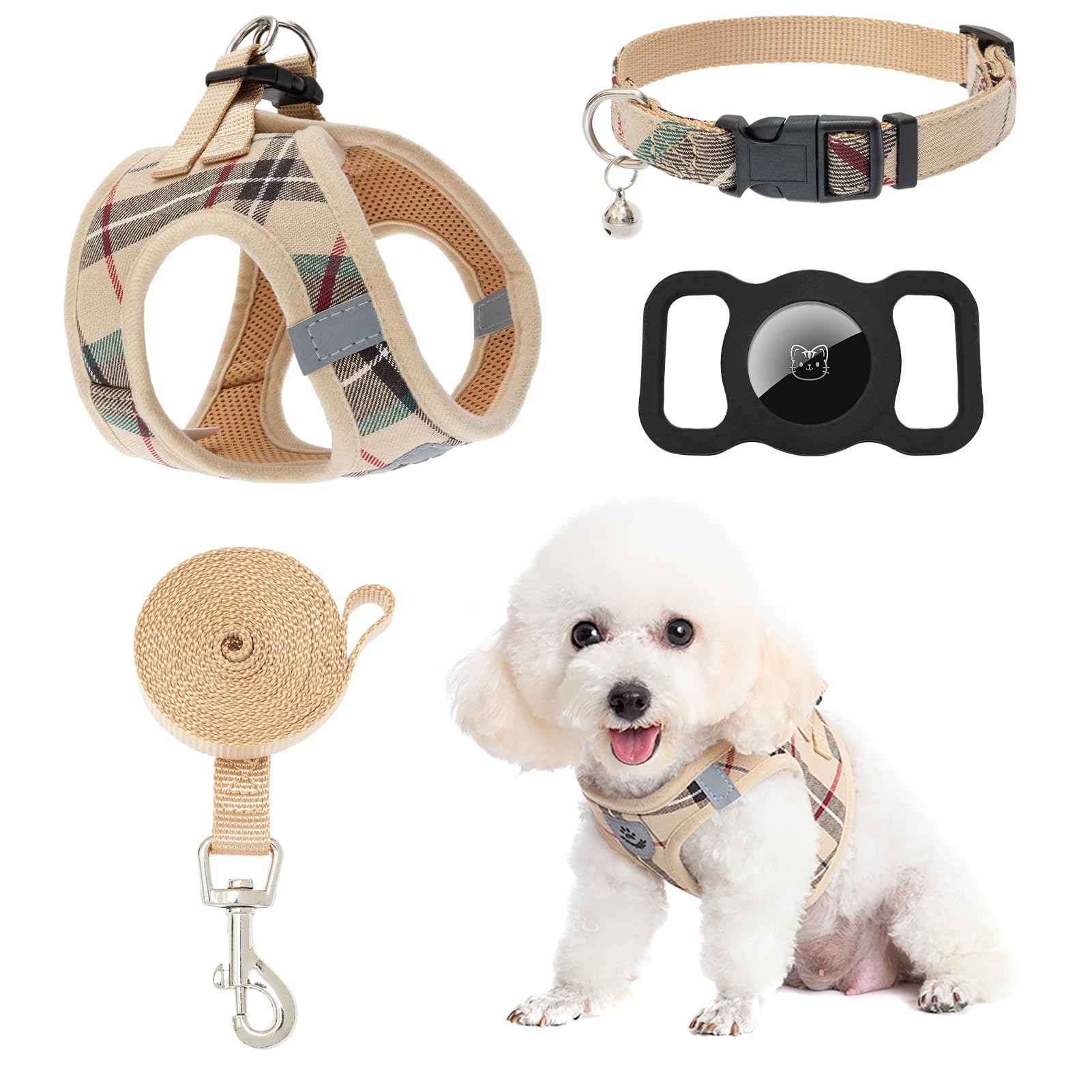 Expawlorer Classic Plaid Puppy Harness - Small Dog Collar And Leash With Airtag Holder Case - Soft Mesh Padded Adjustable Dog Ve