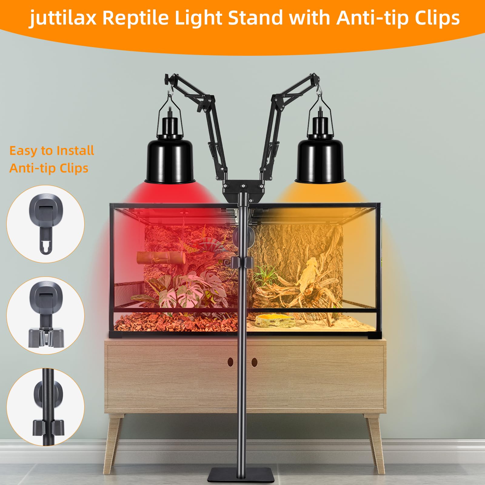 juttilax Dual Reptile Heat Lamp Stand, Adjustable 15.7-74.3inch, 360° Swing Arm, Black, Metal, Model JT-02
