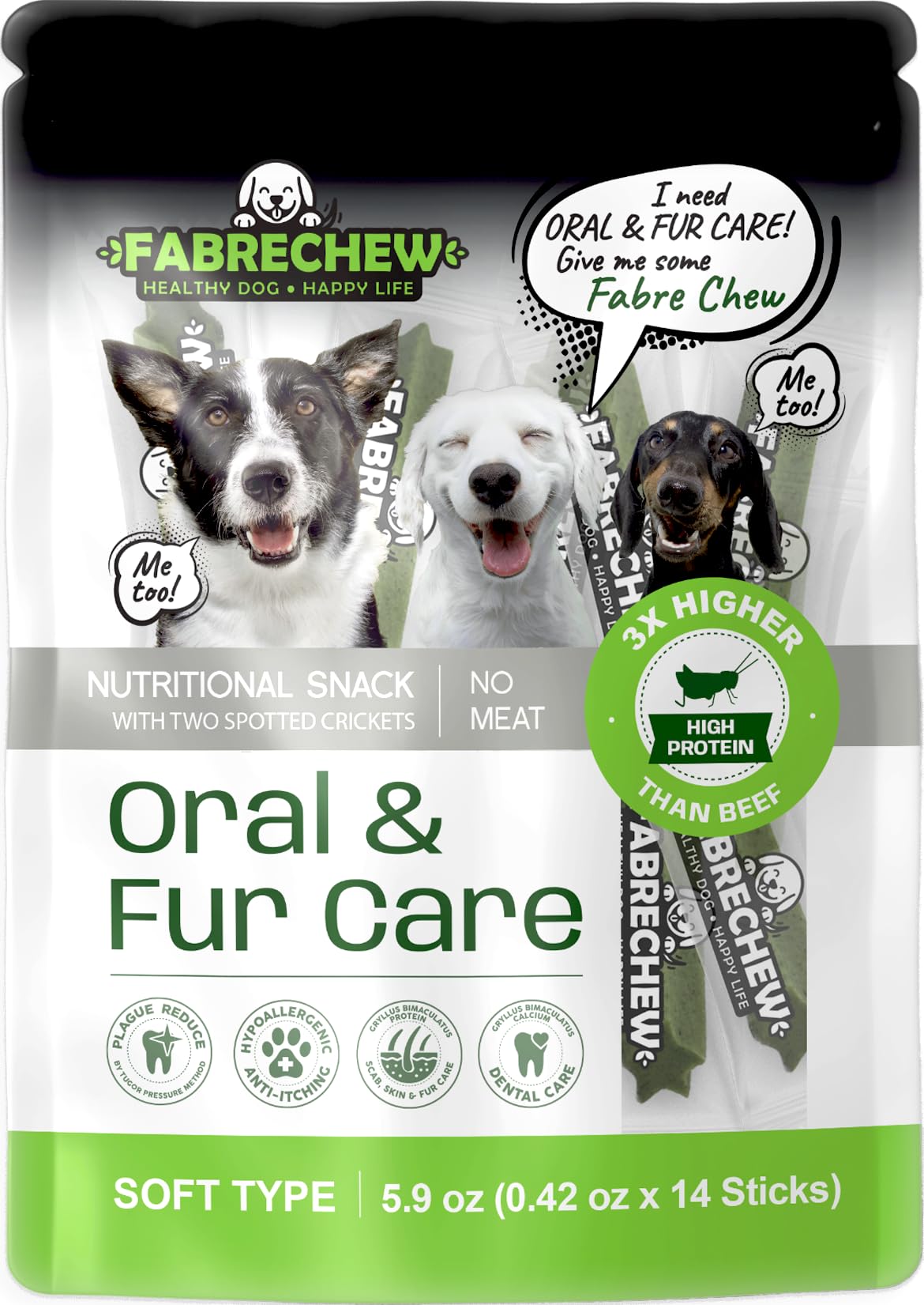 Fabrechew Cricket Protein Dog Treats - Hypoallergenic High-Protein Soft Dental Chews for Sensitive Dogs (14 Pcs) (Oral & Fur Car
