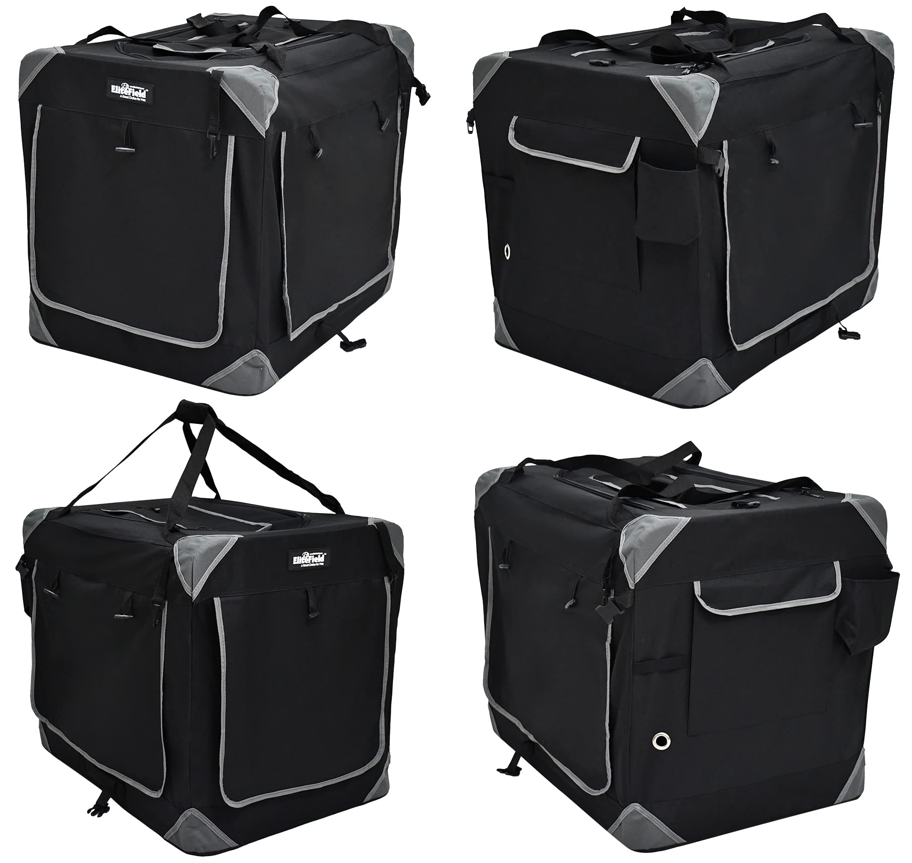 Elitefield 4-Door Folding Soft Dog Crate With Curtains, Carrying Bag And Fleece Bed (2 Year Warranty), Indoor & Outdoor Pet Home (36' L X 24' W X 28' H, Black+4 Door Curtains)