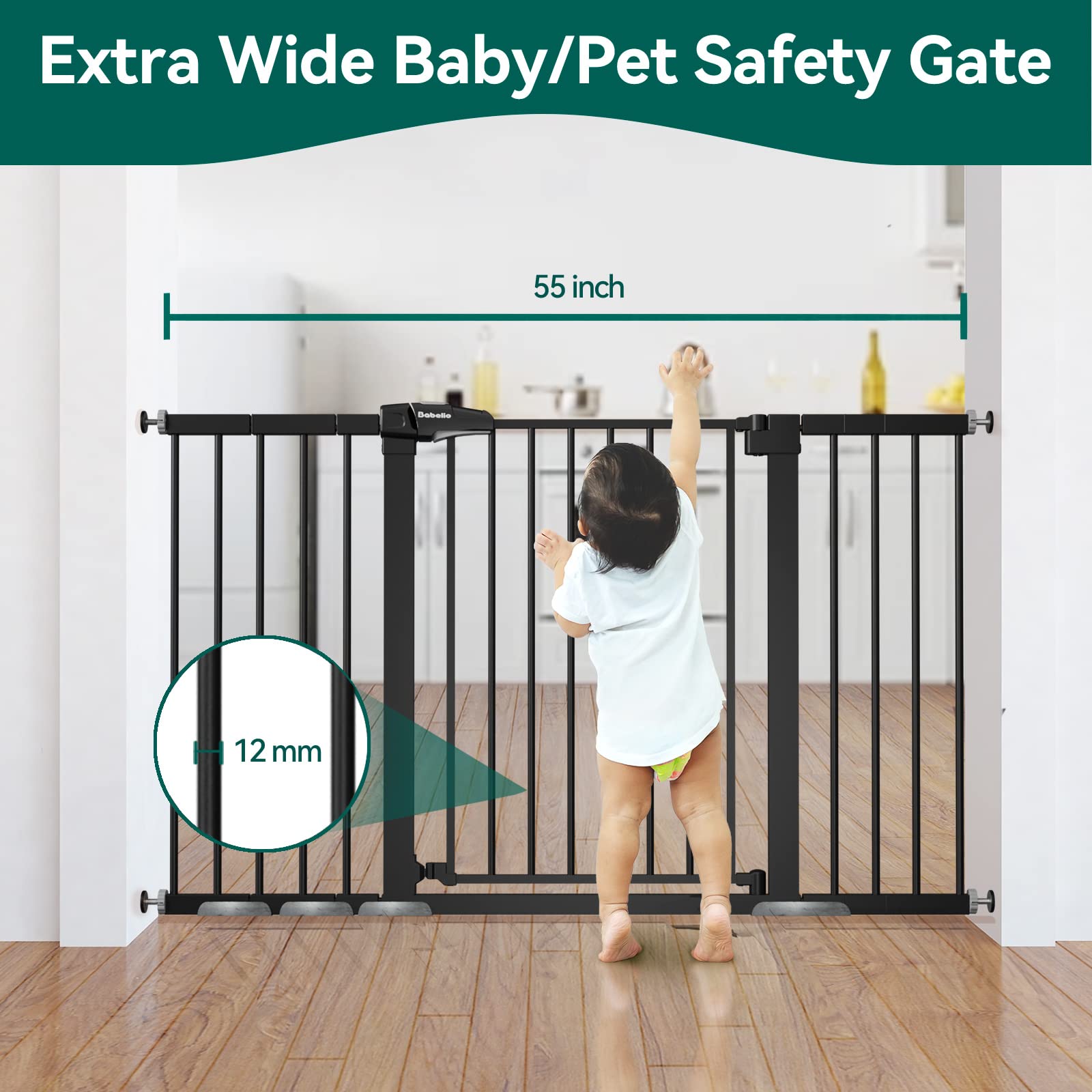 Babelio Extra Wide Baby/Dog Gate, 29-55" Adjustable, Auto Close, Pressure Mounted, Black, Model CB-M-101