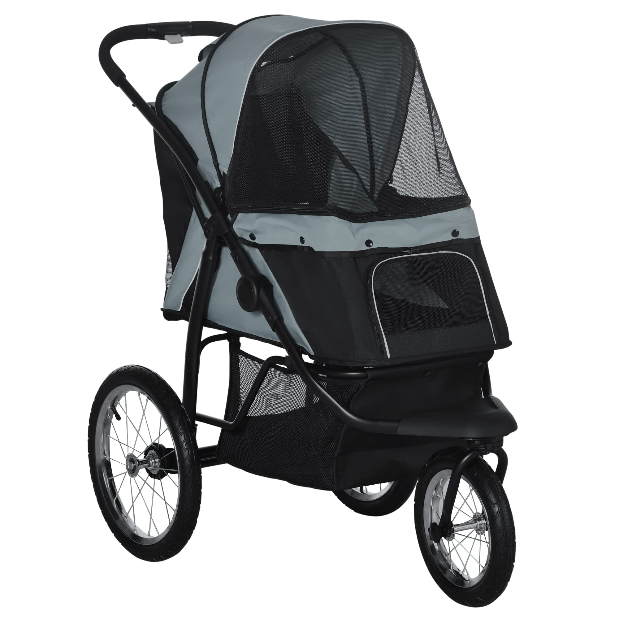 Pawhut Pet Stroller For Small And Medium Dogs, 3 Big Wheels Foldable Cat Stroller Jogger With Adjustable Canopy, Safety Tether, 