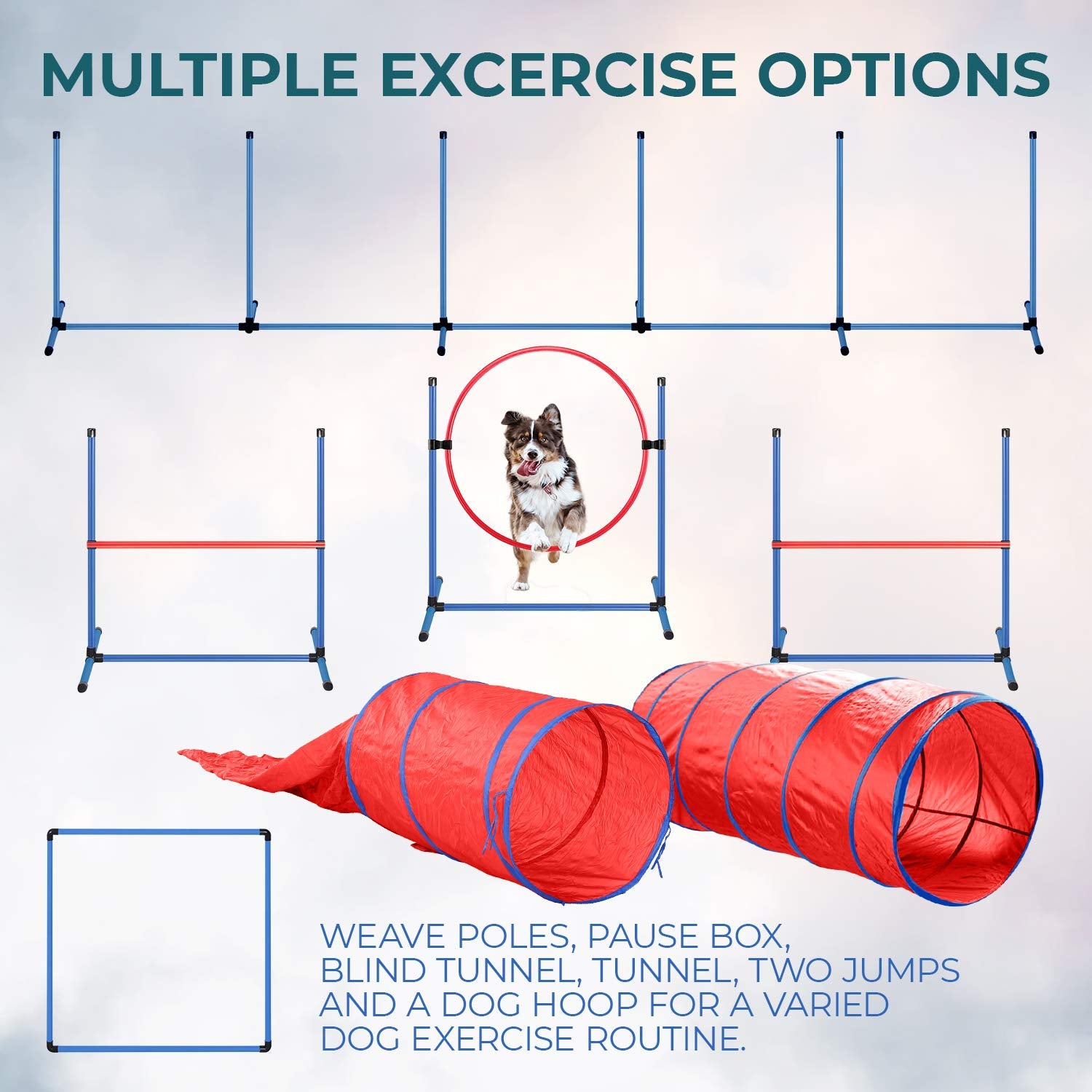 Cheering Pet Complete Deluxe Dog Agility Training Equipment Set, 2 Dog Jumps, Hurdle, Blind, 2 Standard Tunnels And 6 Weave Poles, Premium Dog Agility Exercise Set With Easy Fun Carry Case…