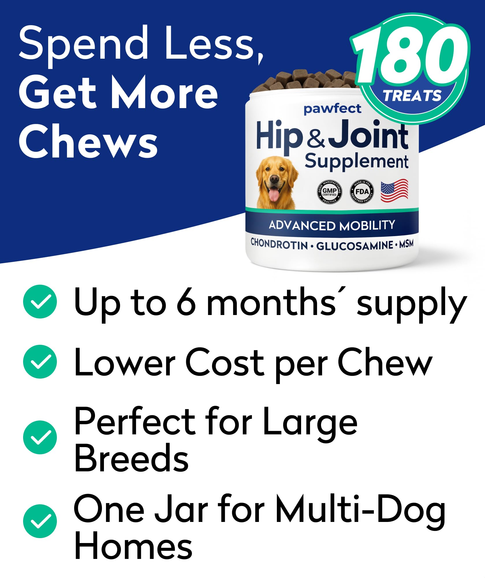 Glucosamine Dog Treats for Picky Eaters - Joint Supplement w/Chondroitin, MSM, Omega-3 - Joint Pain Relief - Advanced Formula -