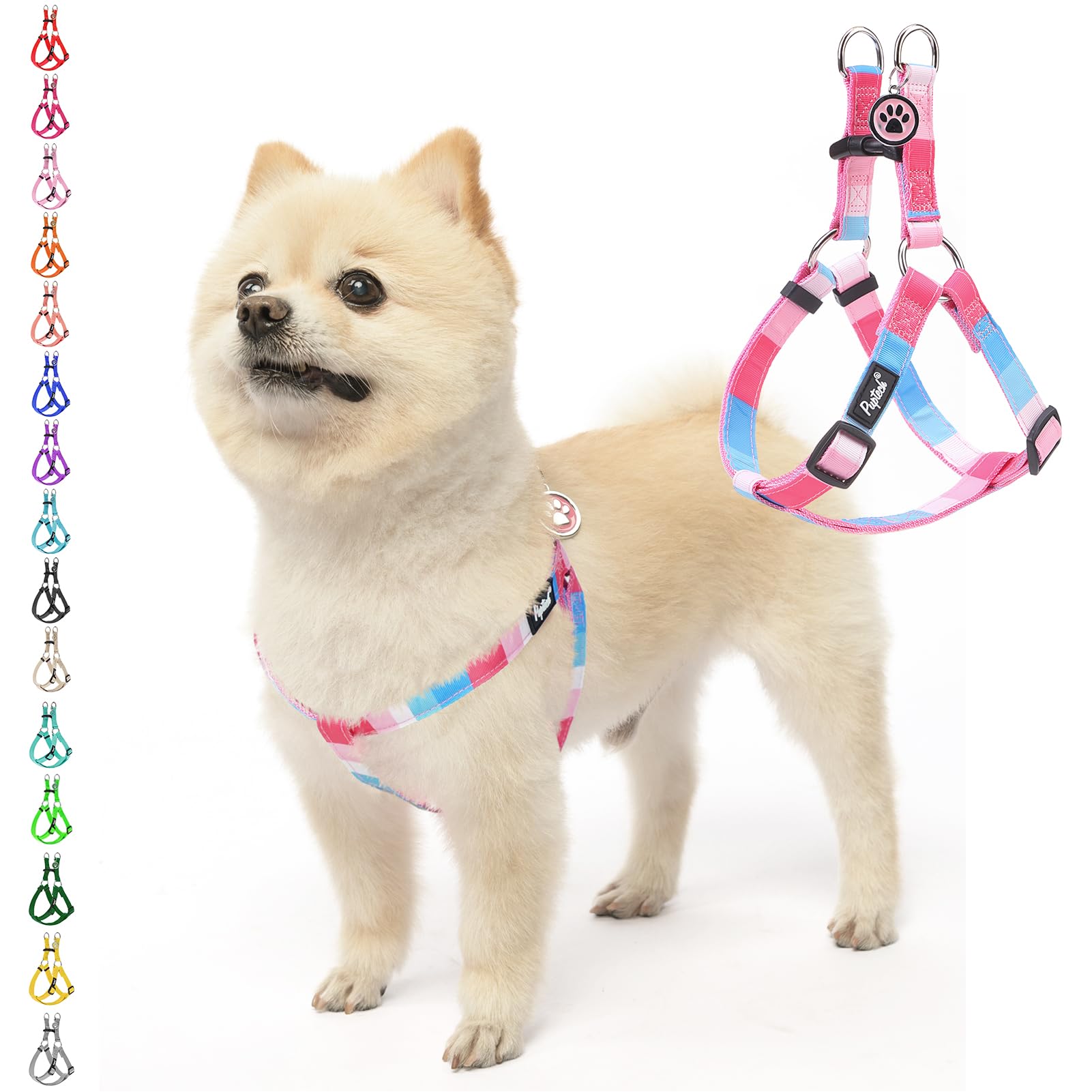 Pupteck No Pull Dog Harness Soft Adjustable Basic Nylon Step In Puppy Vest Outdoor Walking With Id Tag, Striped Pink, M