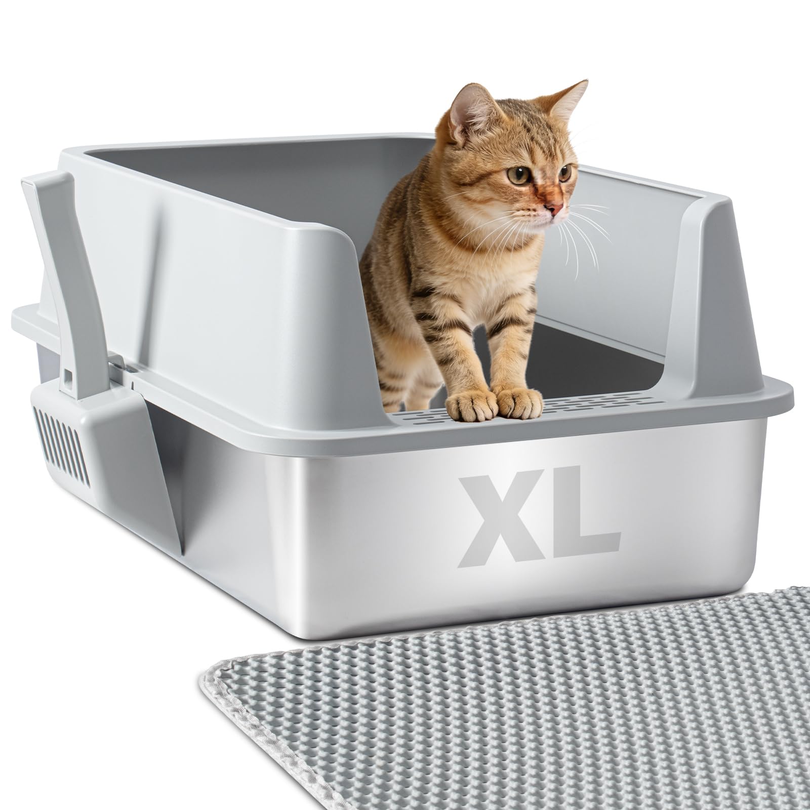 FUTAM Stainless Steel Litter Box, XL Metal Litter Box with Lid, Extra Large Cat Litter Boxes for Big Cats with High Sides, Easy 