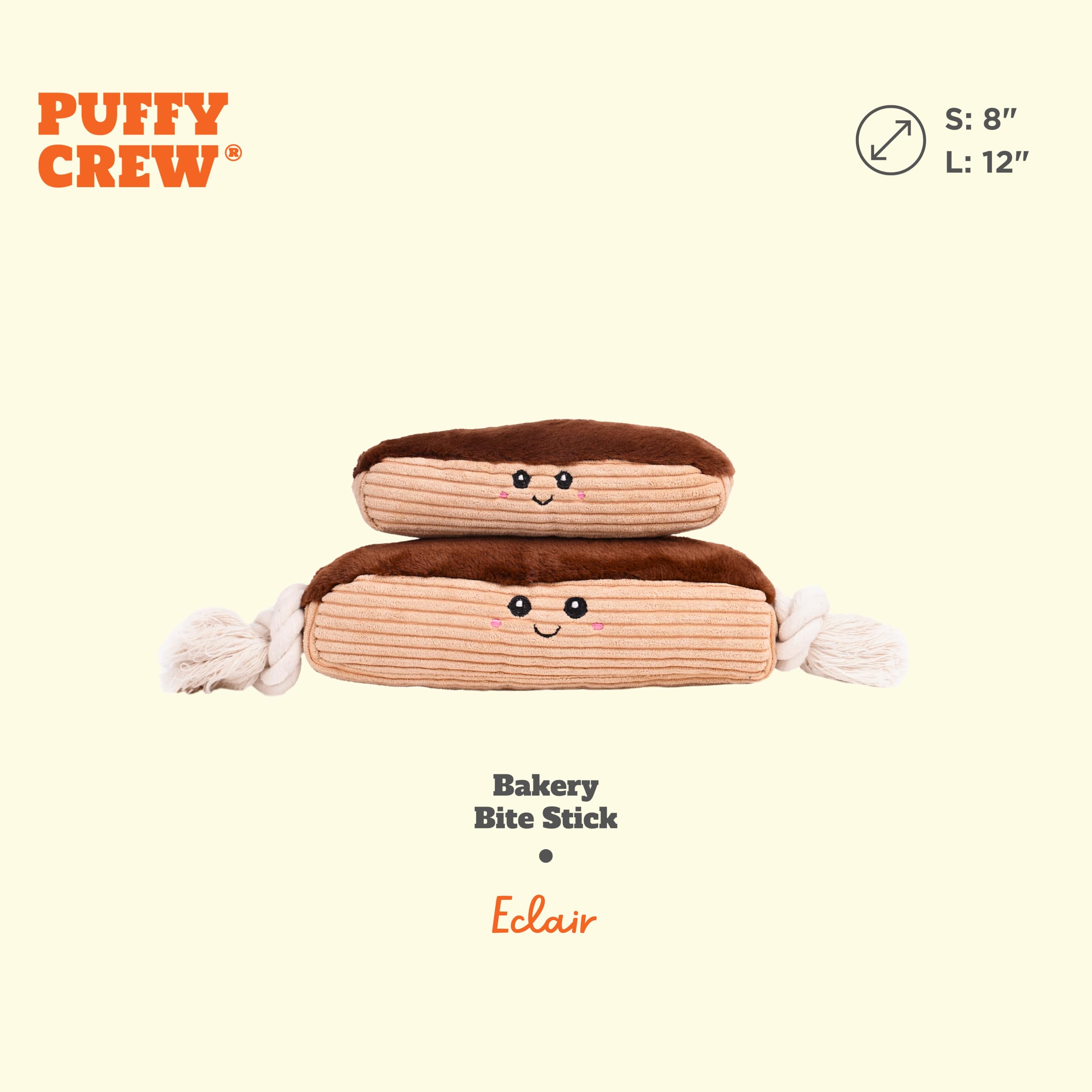 Puffy Crew Squeaky Dog Plush Toy, Bakery Bite_Stick Collection, 12'', For Various Sized Dogs (Eclair, Large)