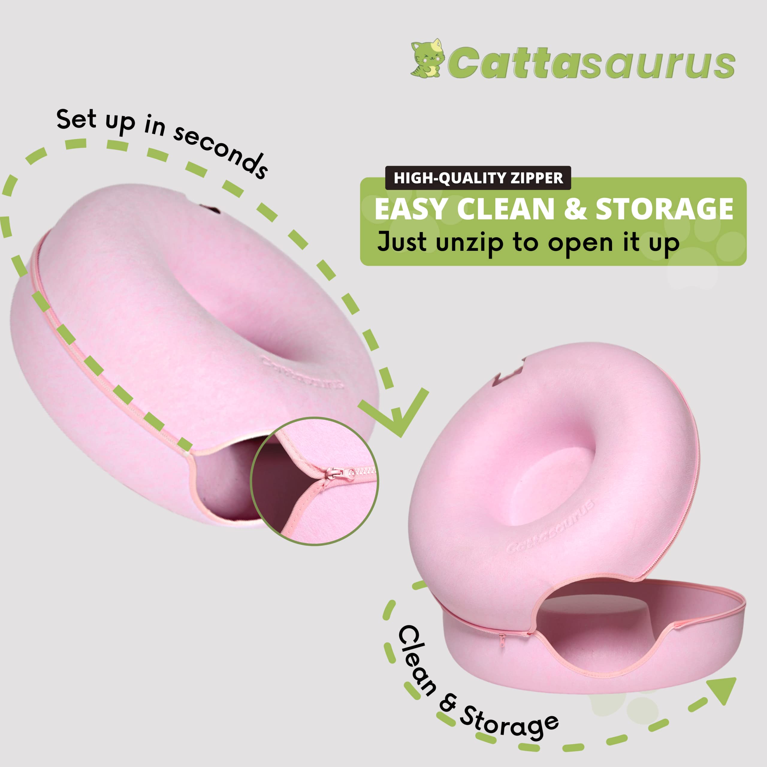 Cattasaurus Peekaboo Cat Cave For Multiple & Large Cats Up To 30-45 Lbs, Scratch Detachable & Washable Tunnel Bed, Comfy Donut Cat Cave (Pink, Large)