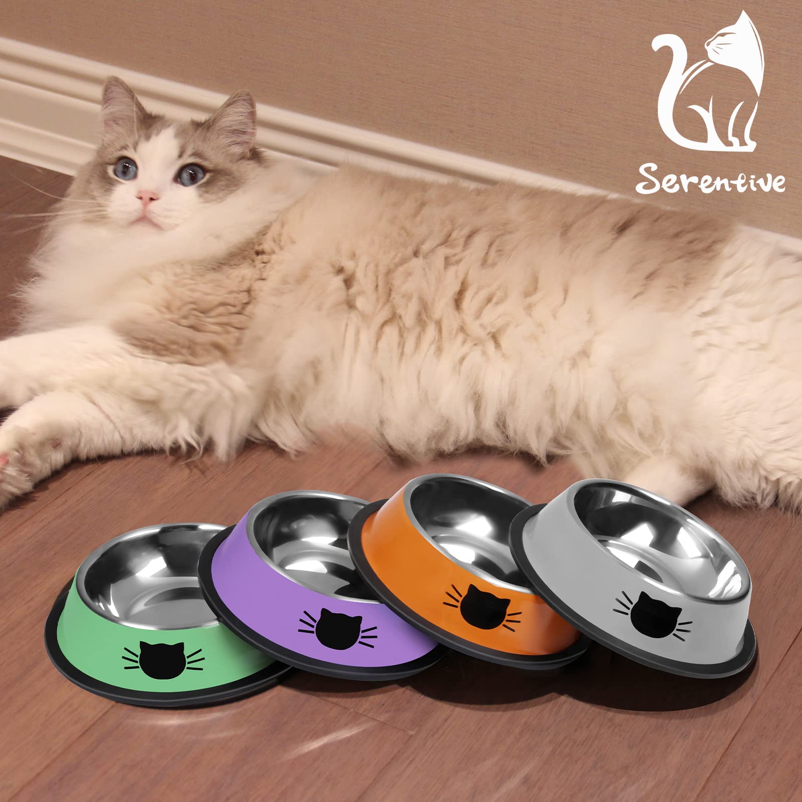Serentive 2Pcs Cat Bowls Non-Slip Stainless Steel Small Cat Food Bowls Unbreakable Thicken Cat Feeder 7 Oz Cat Dishes Suitable f