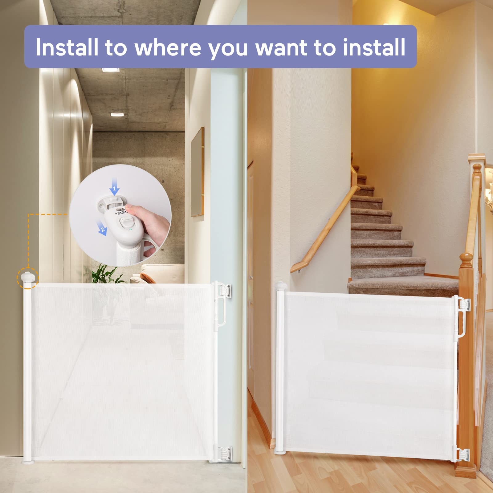 Momcozy Retractable Baby Gate - Extra Wide 33" Tall x 71" Wide, White, Polyester, Ideal for Stairs, Doorways, Indoor/Outdoor Use