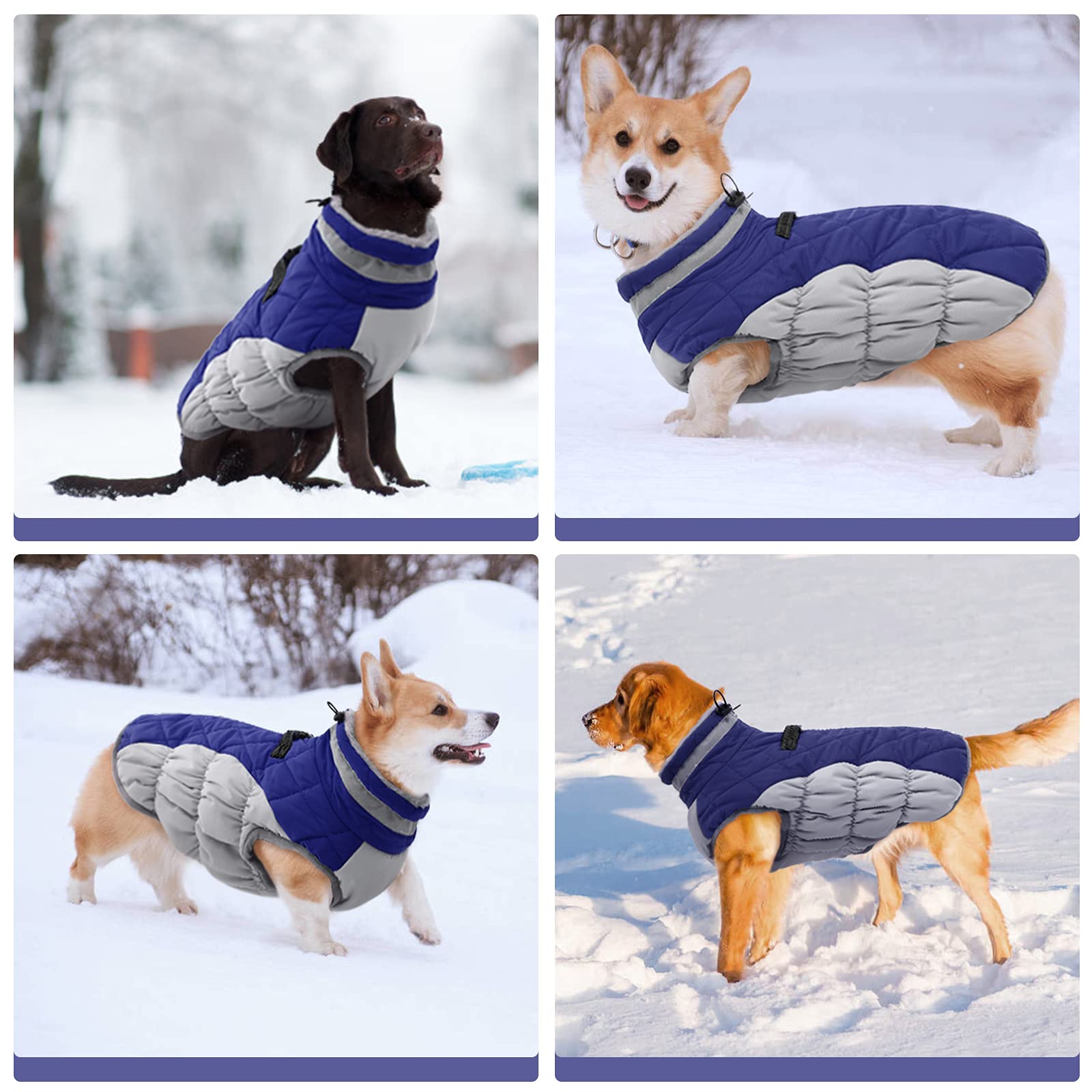 Fuamey Warm Dog Jacket, Winter Coat With Padded Fleece, Reflective Vest, Built-In Harness, Waterproof & Windproof, Blue, X-Small