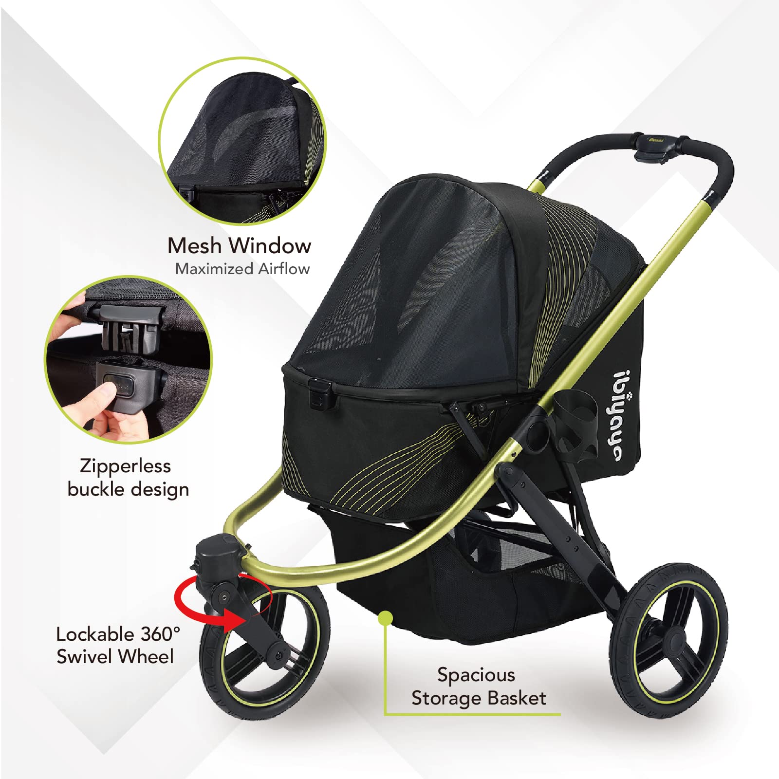 Ibiyaya The Beast Pet Jogging Stroller For All Terrains, 3-Wheel Dog Carrier With Double Breaks, Zipperless Large Stroller For R