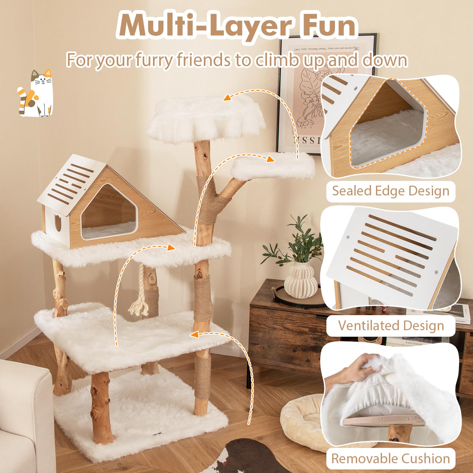 Tangkula Solid Wood Cat Tree, Modern Wooden Cat Tower With Jute Scratching Posts, 2 Perches, Condo, Sisal Rope, Soft Long Plush,