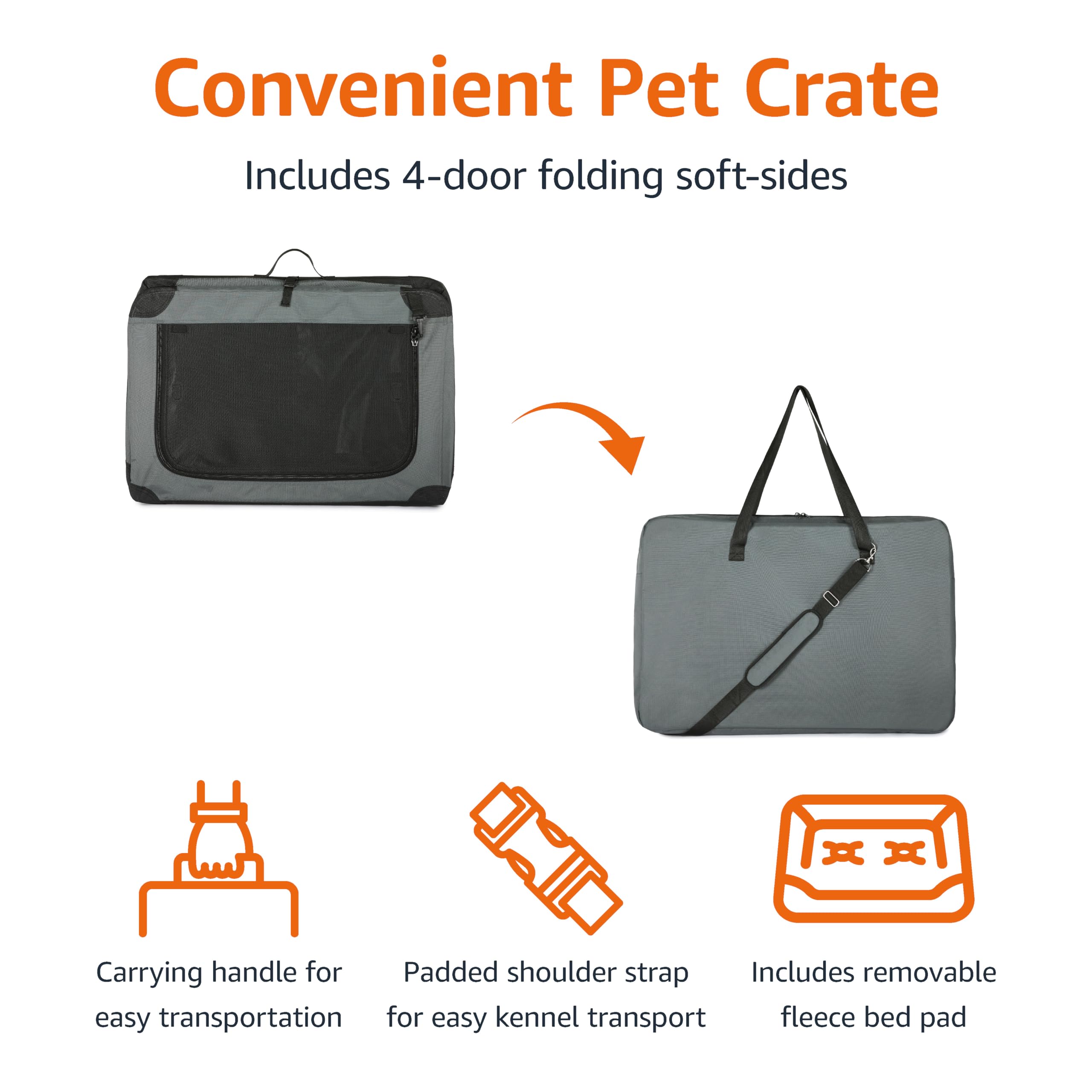 Amazon Basics 4-Doors Portable Soft-Sided Folding Travel Crate Kennel For Cat, Dog, And Other Small Animals, Grey, M 30'' X 21''