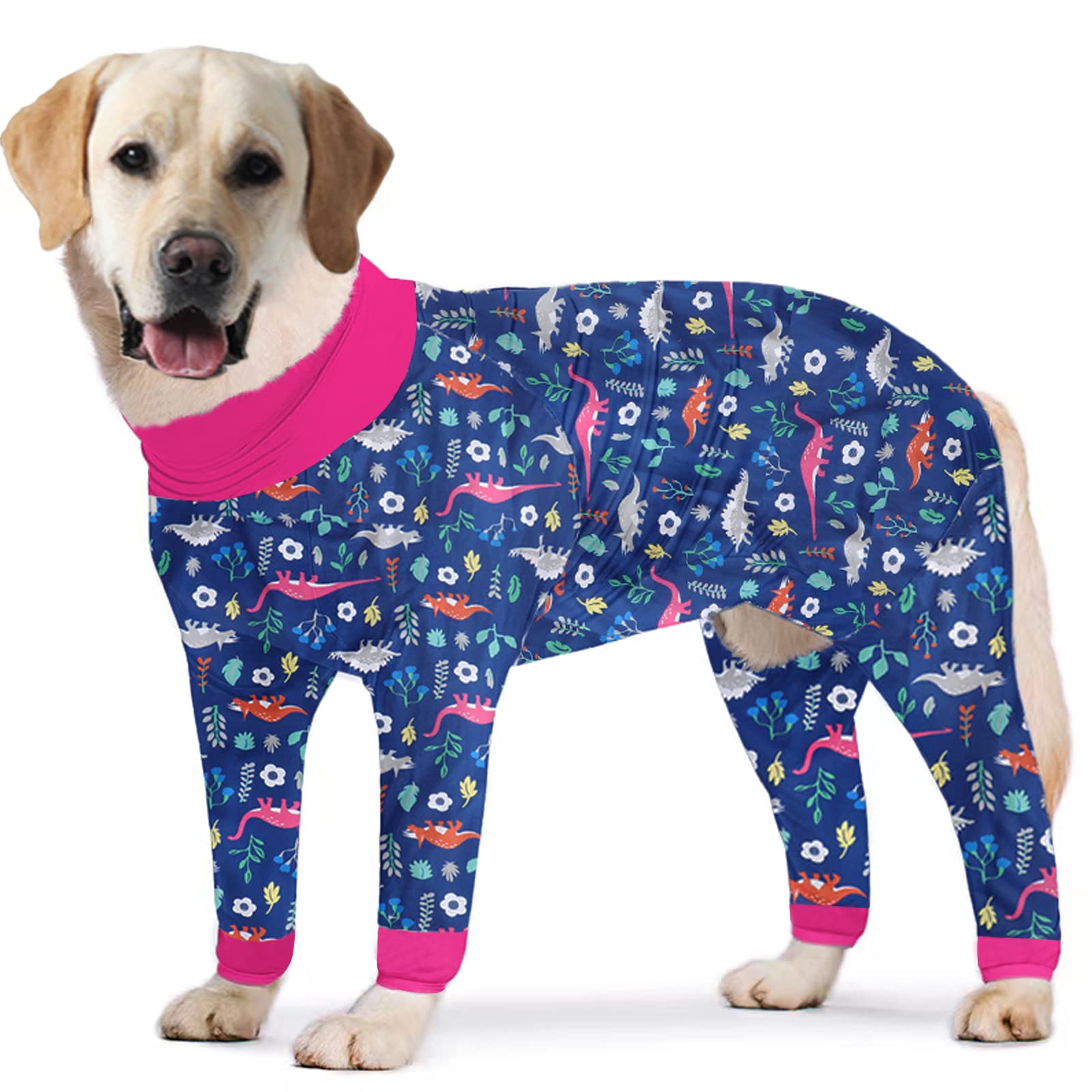 Pripre Dinosaur Printed Dog Recovery Suit - Long Sleeve Shirts Soft Pajamas Onesie Jumpsuit Prevent Licking & Shedding - Navy, 2