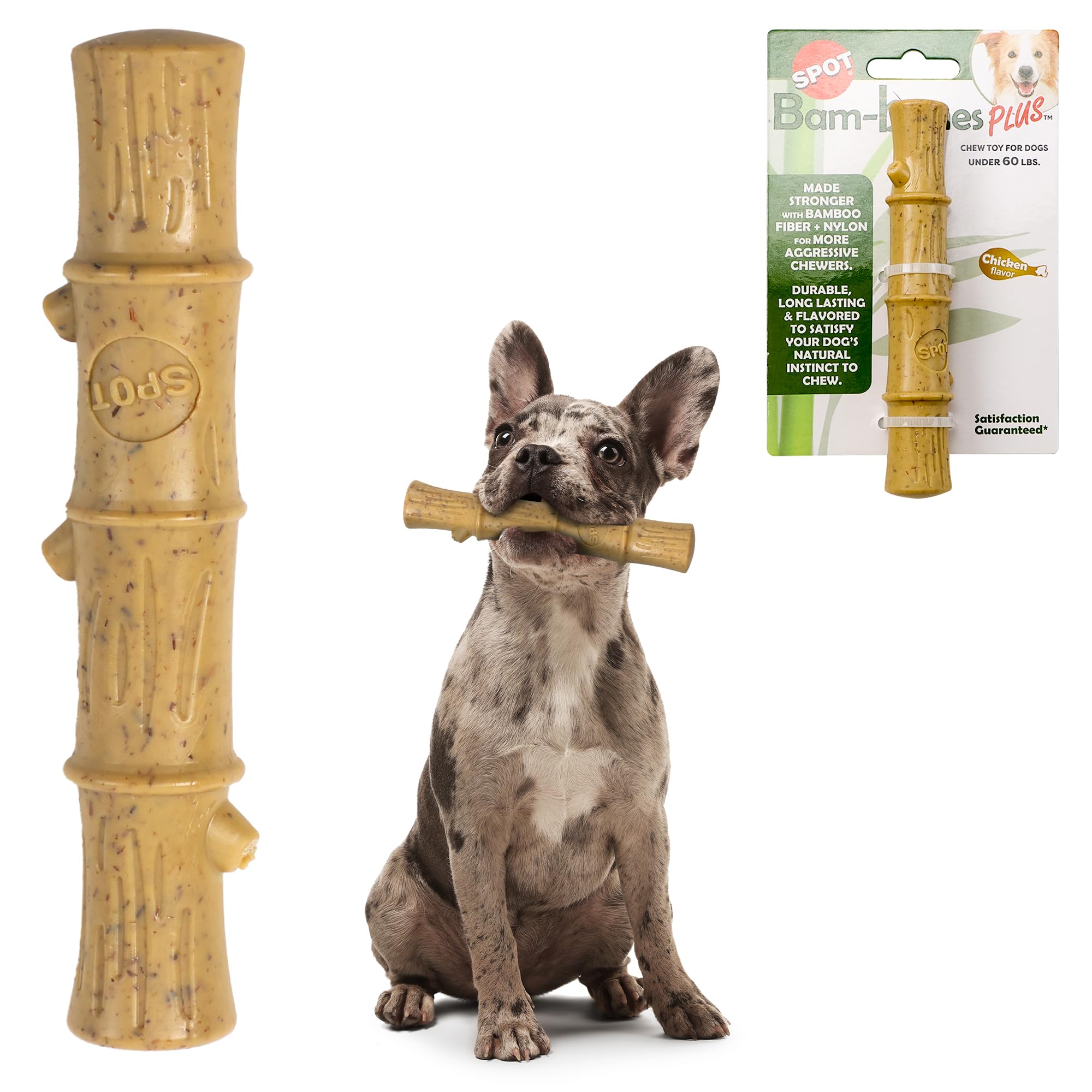 Spot Bam-Bones Plus Bamboo Stick - Bamboo Fiber & Nylon, Durable Long Lasting Dog Chew For Aggressive Chewers – Great Toy For Adult Dogs & Puppies Under 90Lbs, Non-Splintering, 9.5In, Chicken Flavor