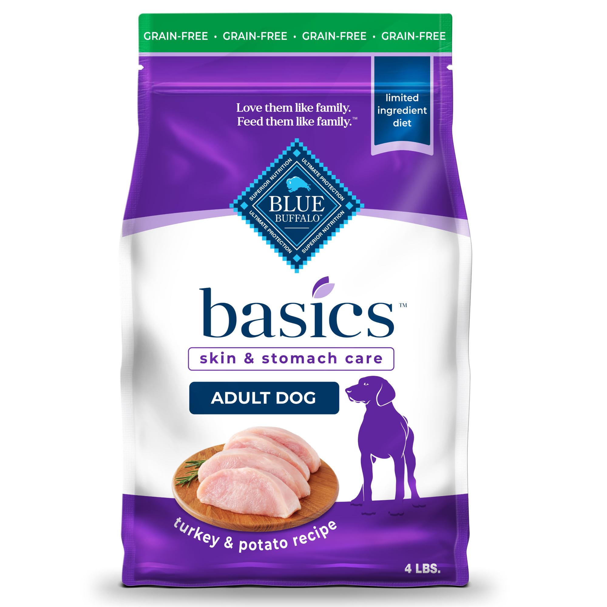 Blue Buffalo Basics Skin & Stomach Care, Grain Free Natural Adult Dry Dog Food, Turkey & Potato 4-lb