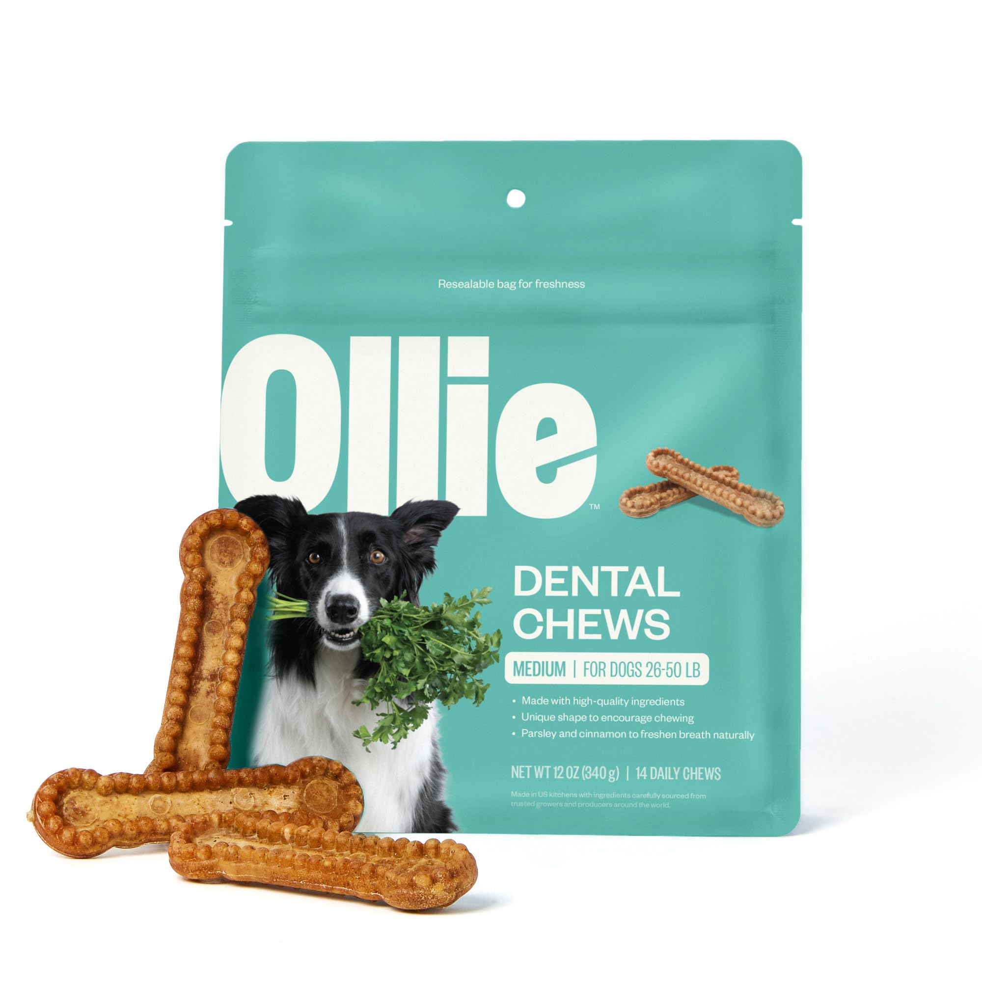 Ollie Dental Chews for Medium Dogs, 12 Oz, Fresh Breath, Teeth Cleaning Treats, Sticks for Dog Oral Care, with Parsley and Cinni