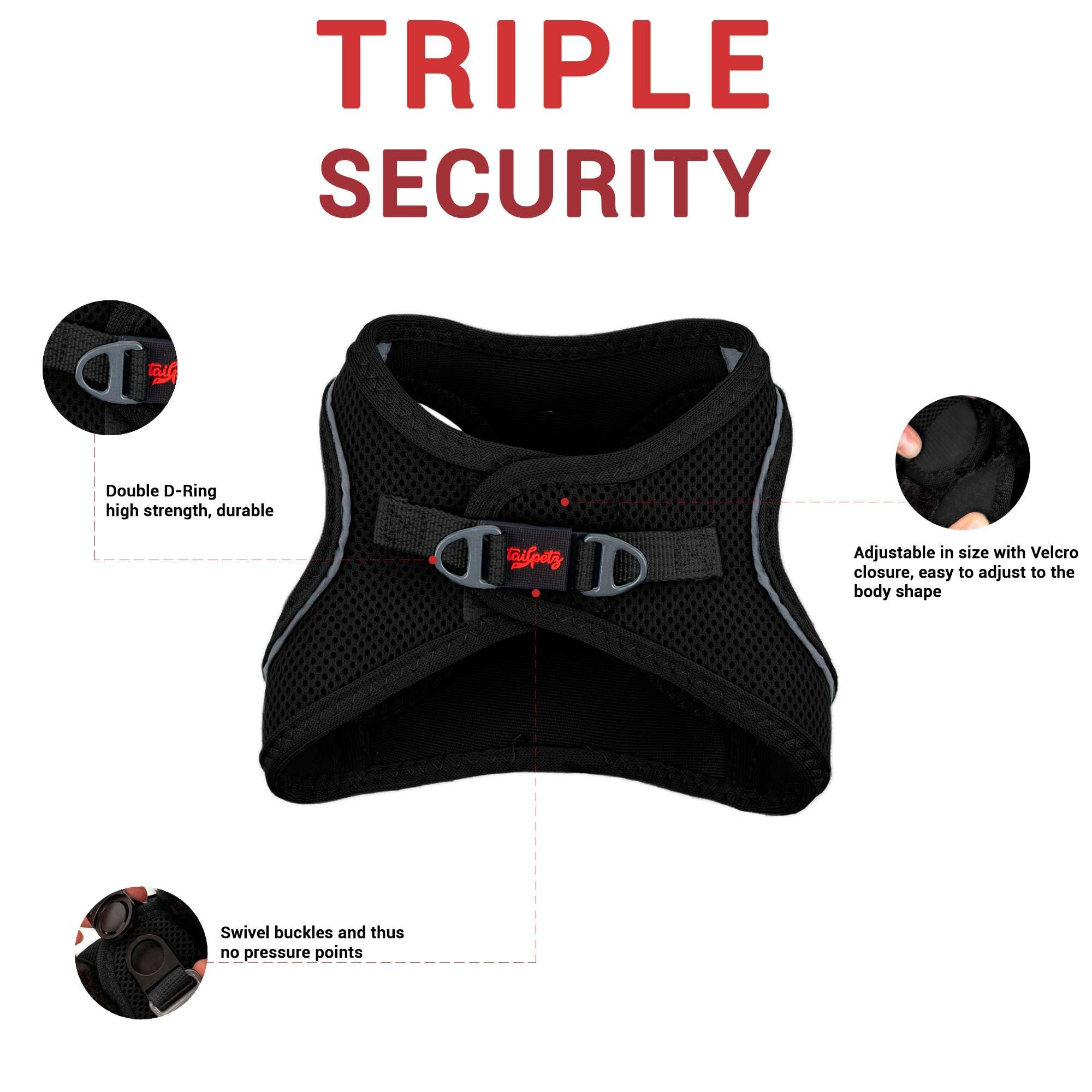 Tailpetz Xs Dog Harness Black, Adjustable Step in No Pull Dog Harness Small Sized Dog, Reflective Puppy Harness for Puppy Traini