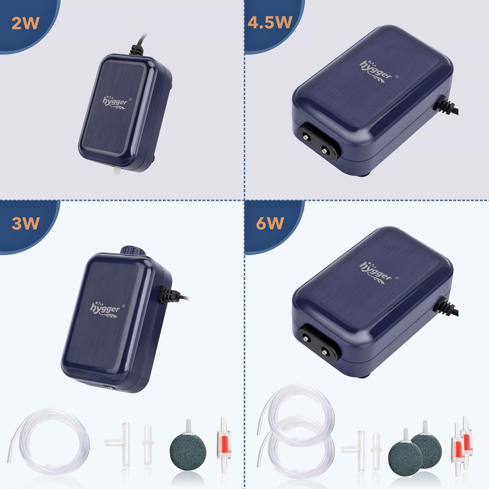 Hygger Aquarium Air Pump, Adjustable Oxygen Pump, Silent Powerful Aerator Pump 2W/3W/4.5W/6W/ 2 Air Outlets Ultra For Up To 100