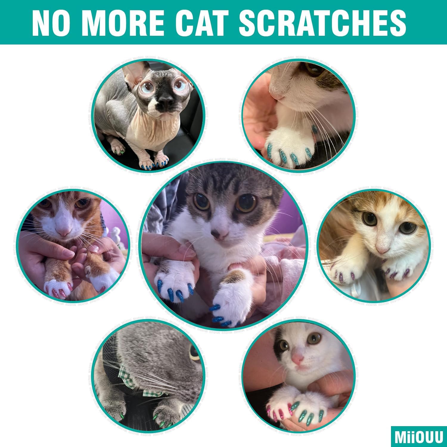 Miiouu 10X Colors / 100 Pcs Cat Nail Caps | Cat Claw Covers With Adhesives And Applicators | Beta (S)