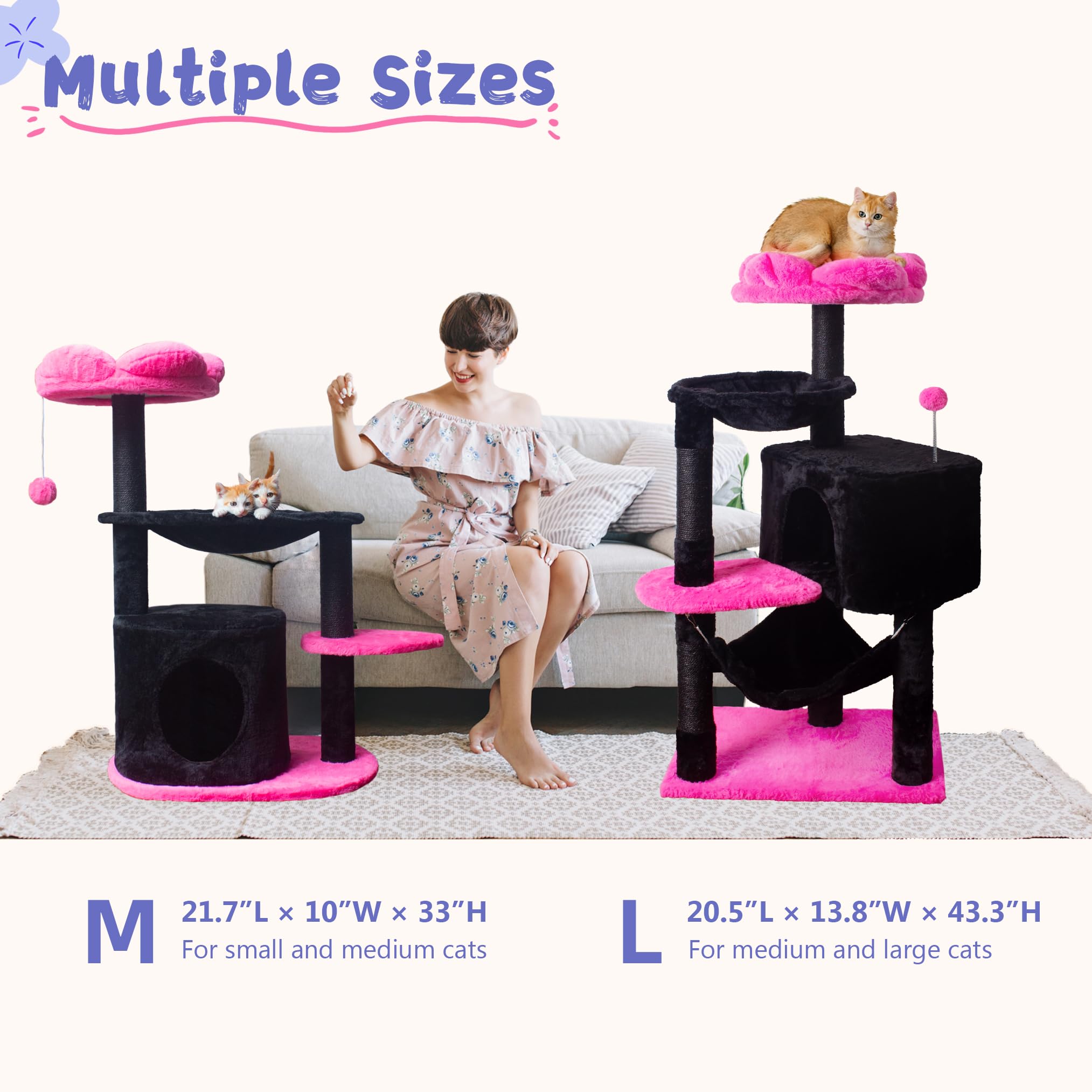 Fantasreen Cat Tree 43'' Black Pink Flower Cat Tower For Indoor Cats Large Cat Scratching Post With Comfy Hammock For Kittens Ad