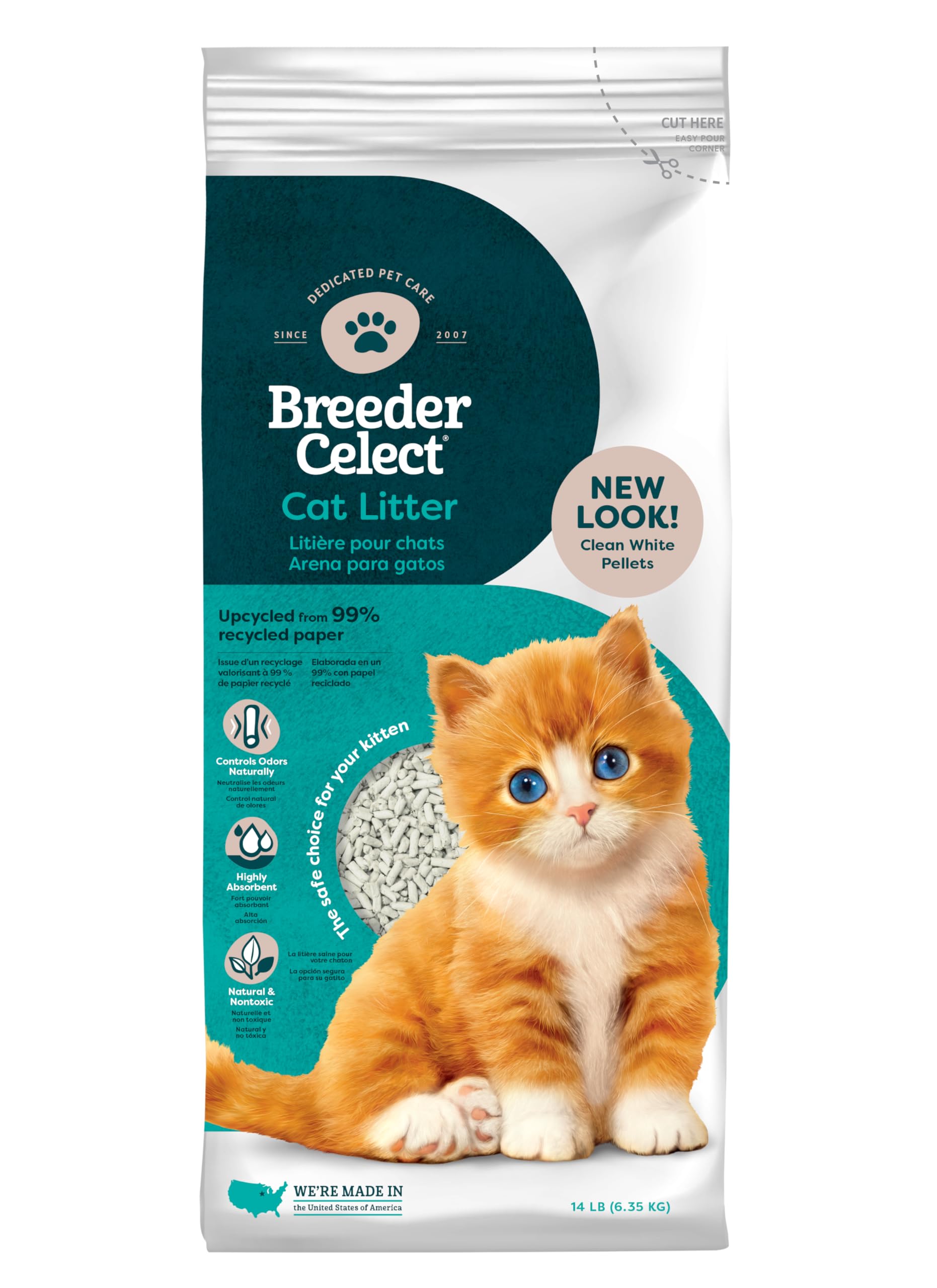 Breeder Celect | 99% Recycled Paper Cat Litter Pellets | Highly Absorbent | Odor Control | Controls Odors Naturally | Natural an