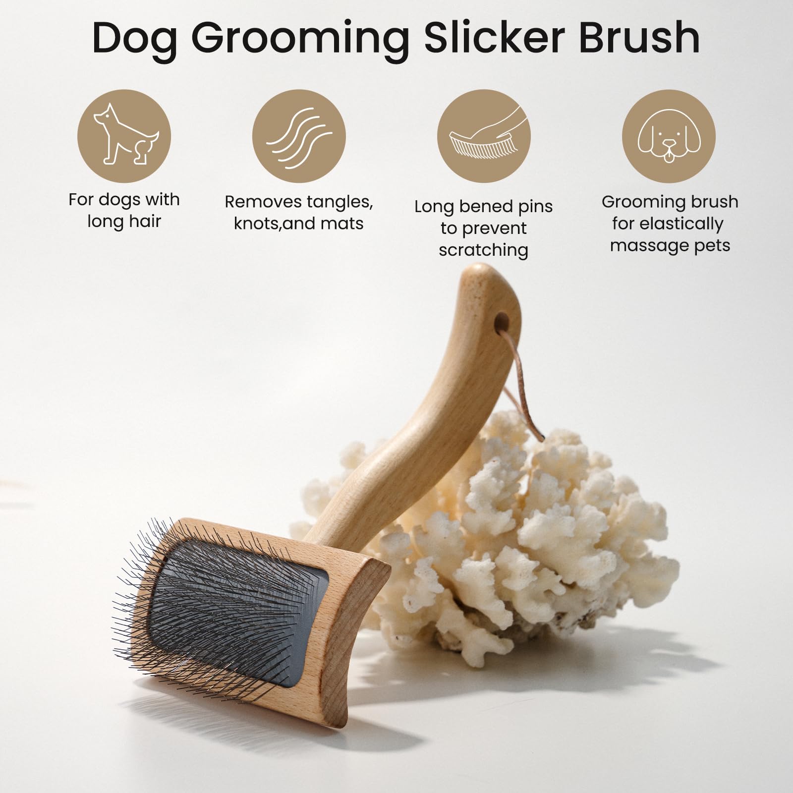 Bobopal Dog Slicker Brush for Long Haired Dogs, Ergonomic Beech Wood Handle, Size L, Ideal for Shedding and Tangle Removal