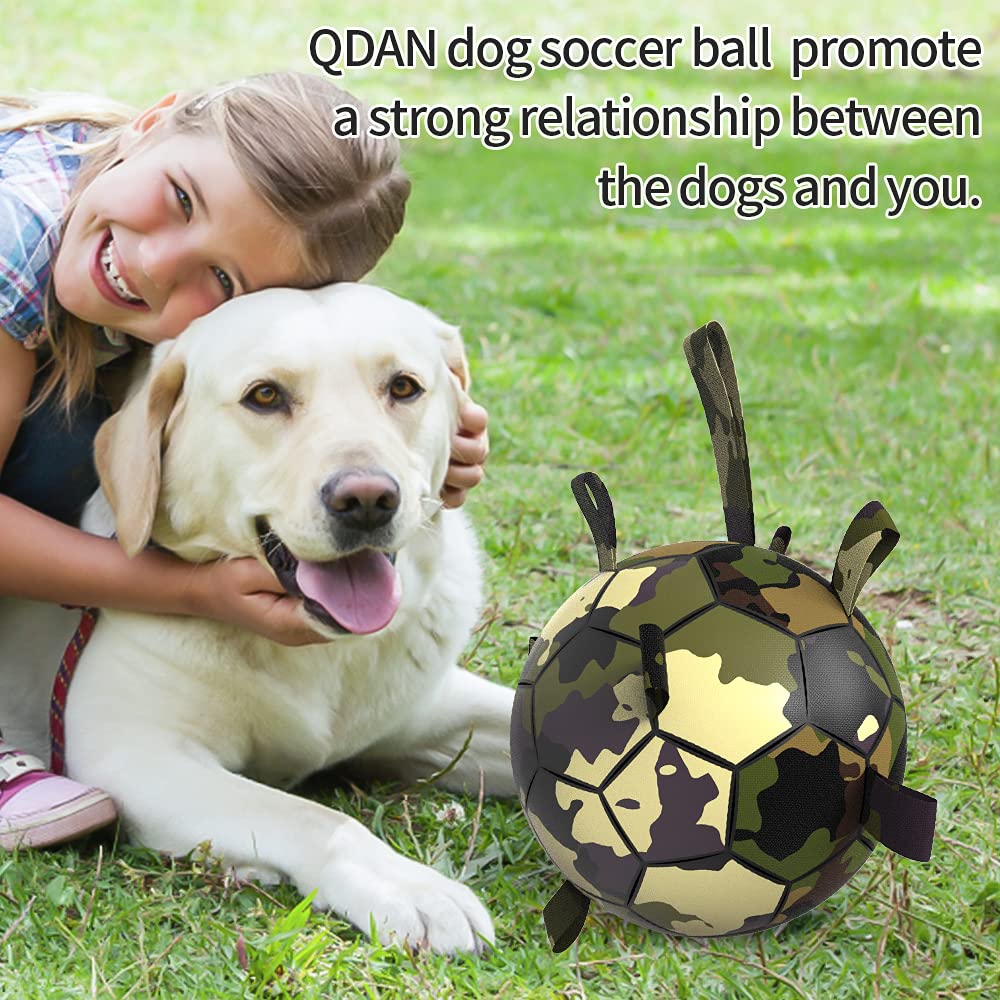 Qdan Dog Toys Soccer Ball, Interactive Dog Toys For Tug Of War, Dog Tug Toy, Dog Water Toy, Durable Dog Balls For Medium & Large Dogs-Camouflage(8 Inch)